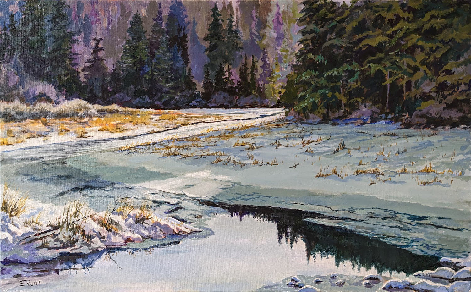 Landscape “Park Lake Sun” by Scott Rubie – acrylic on canvas.