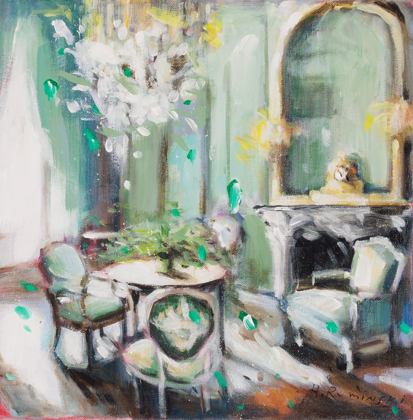 Interiors “Room In Green” by Hanna Ruminski – acrylic on canvas.