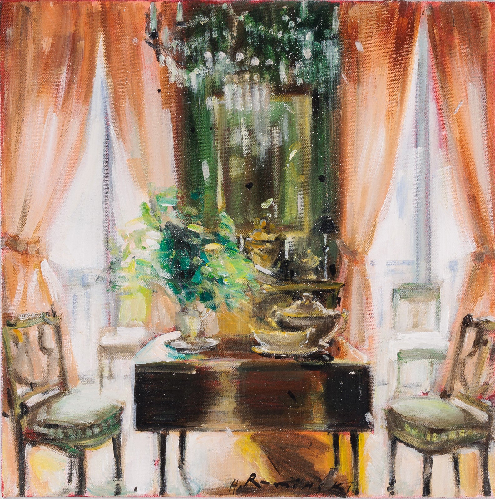 Interiors “Drop Leaf Table & Chairs” by Hanna Ruminski – acrylic on canvas.