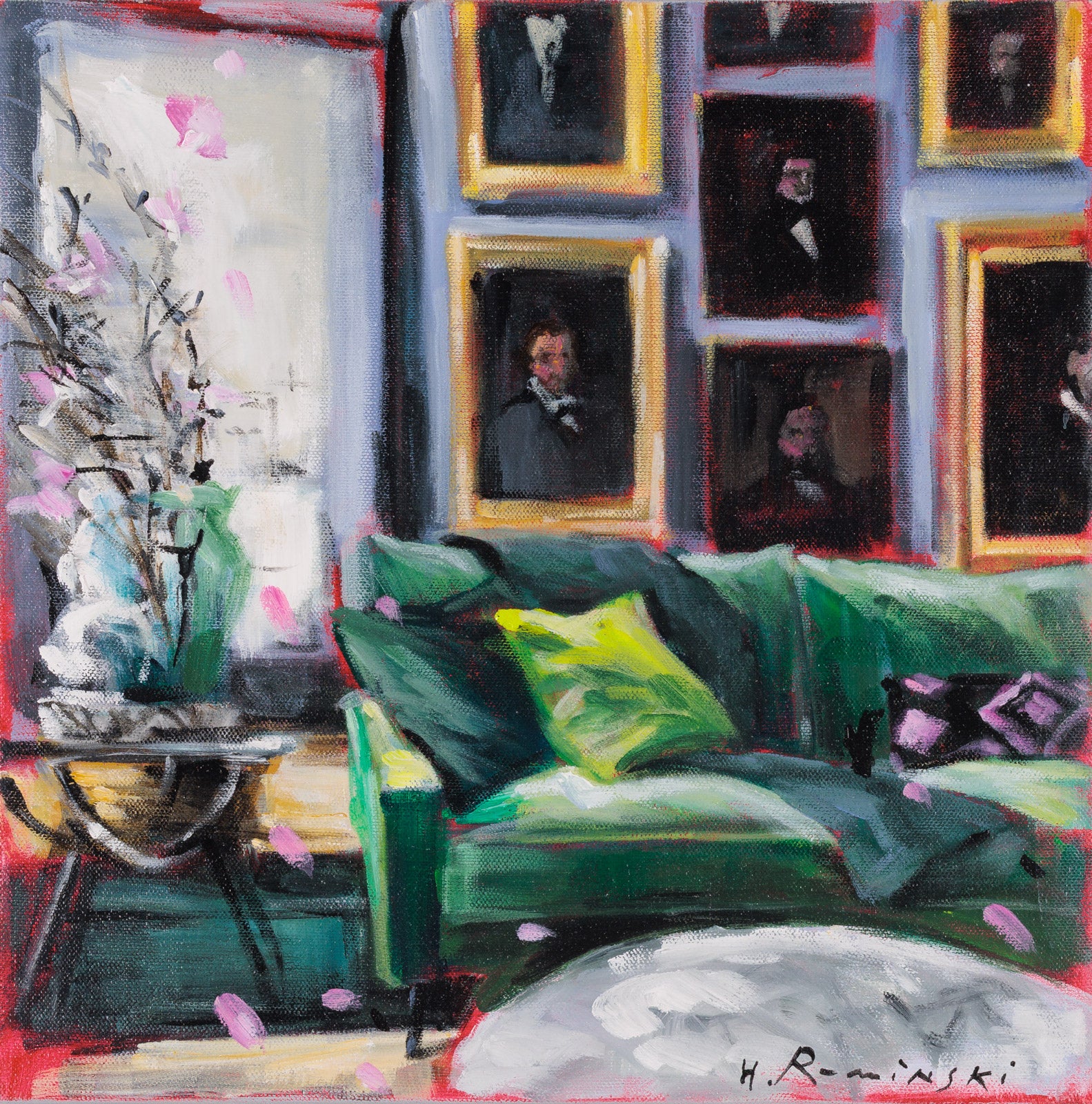 Interiors “Settee With Portraits” by Hanna Ruminski – acrylic on canvas.