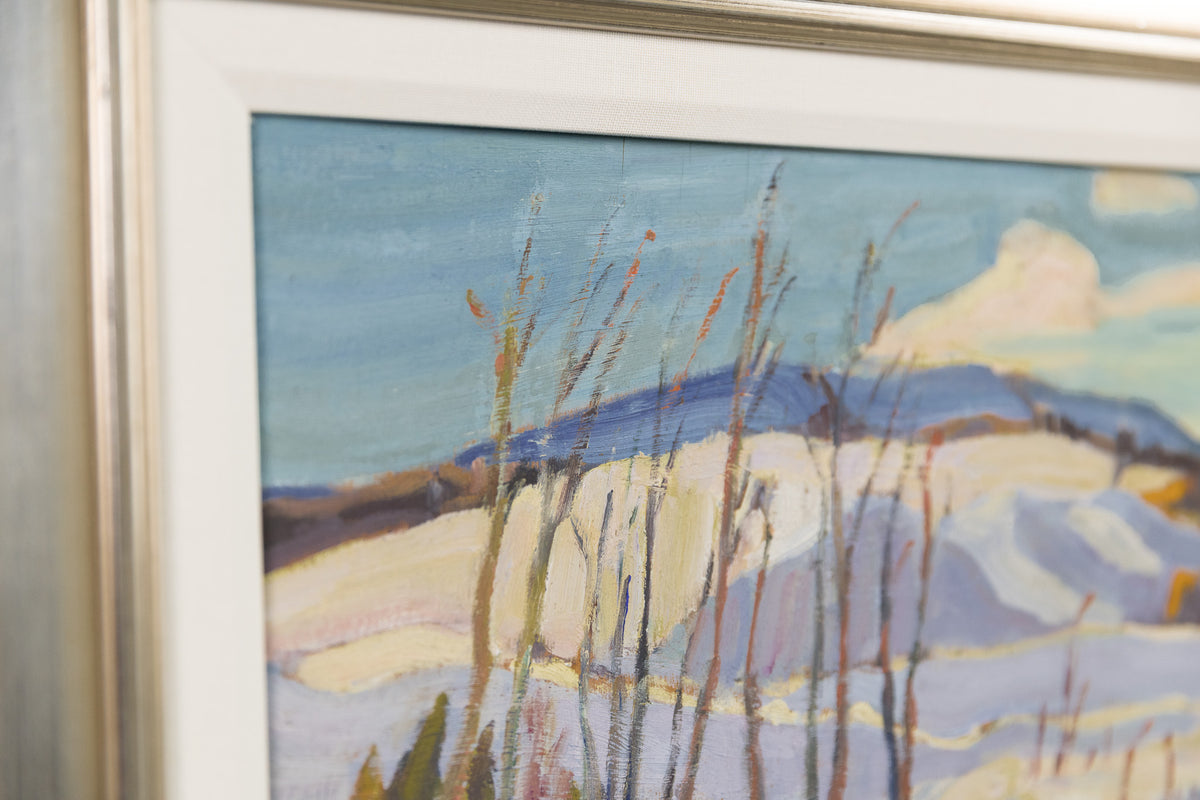 Ralph Burton, "Winter River," detail view, oil on panel