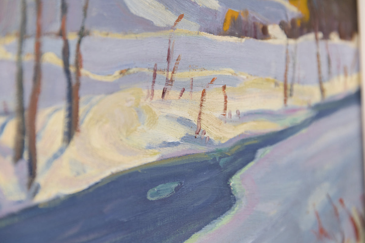 Ralph Burton, "Winter River," detail view, oil on panel