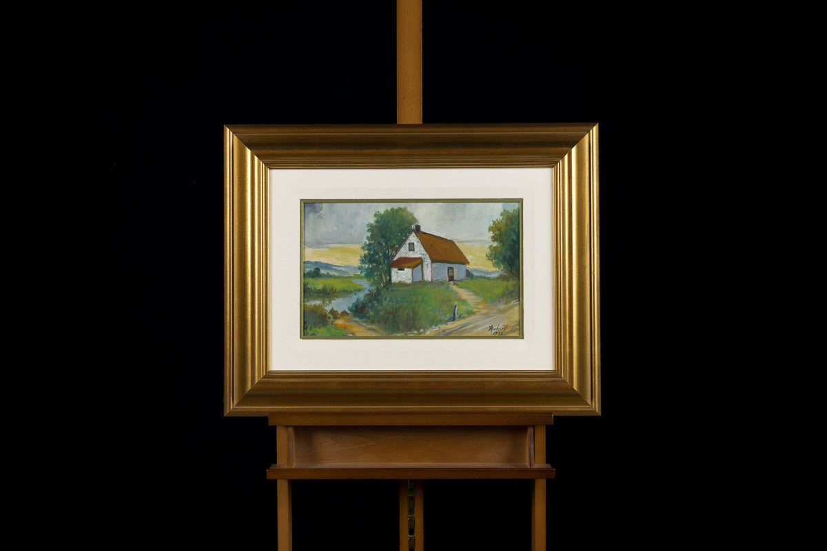 Rene Richard, "House By The River," oil on panel, 10 x 16 in, traditional landscape with farmhouse, river and trees, framed