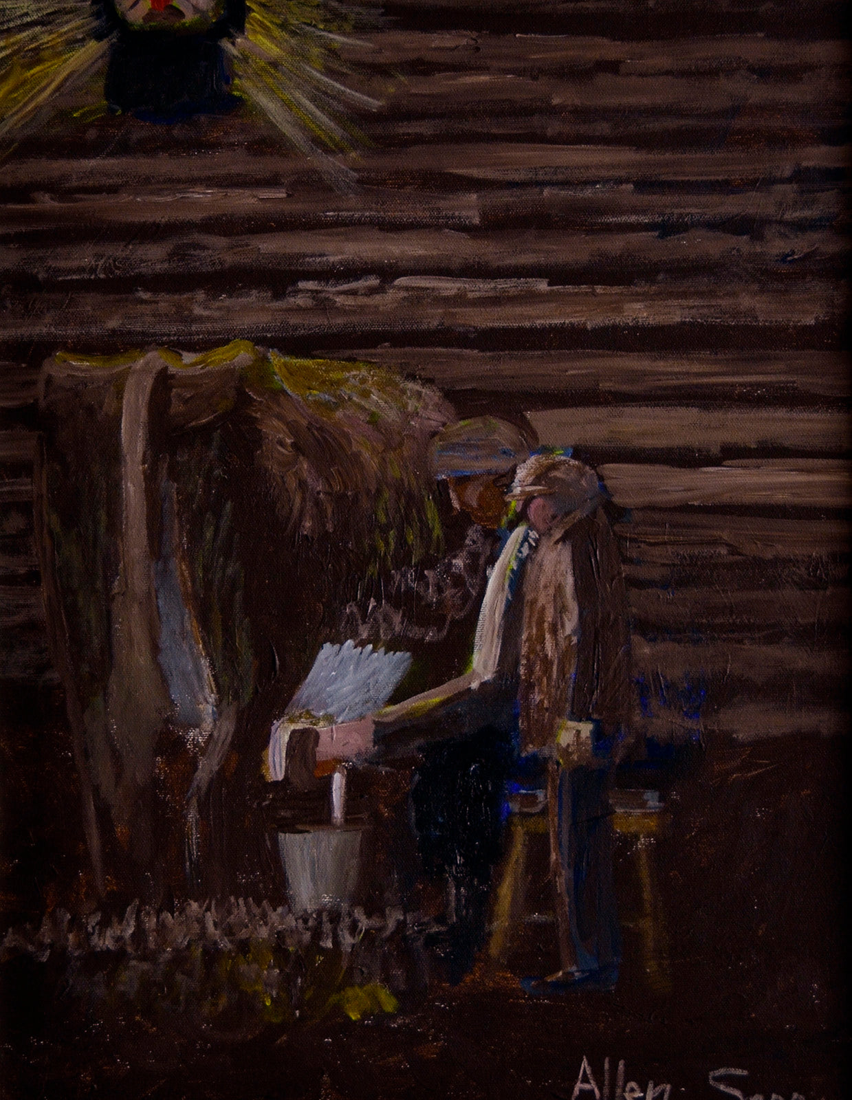 Figurative “Grandmother Milking” by Allen Sapp – acrylic on canvas.