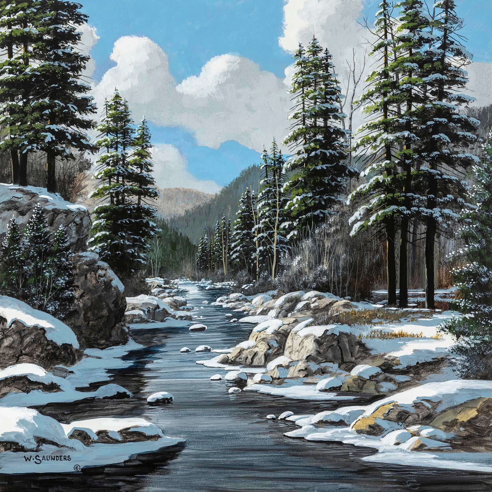 Landscape “Long Rocky Stream” by Bill Saunders – acrylic on masonite.