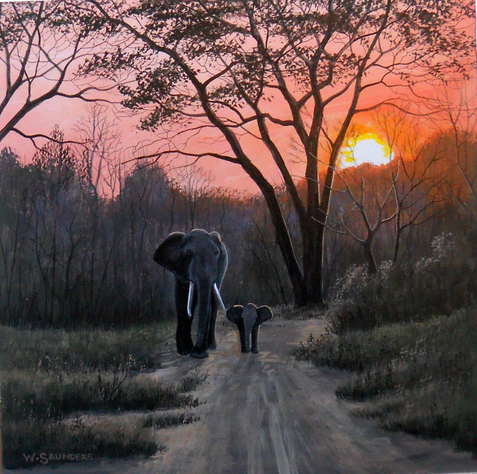 Landscape “Evening Stroll” by Bill Saunders – acrylic on masonite.
