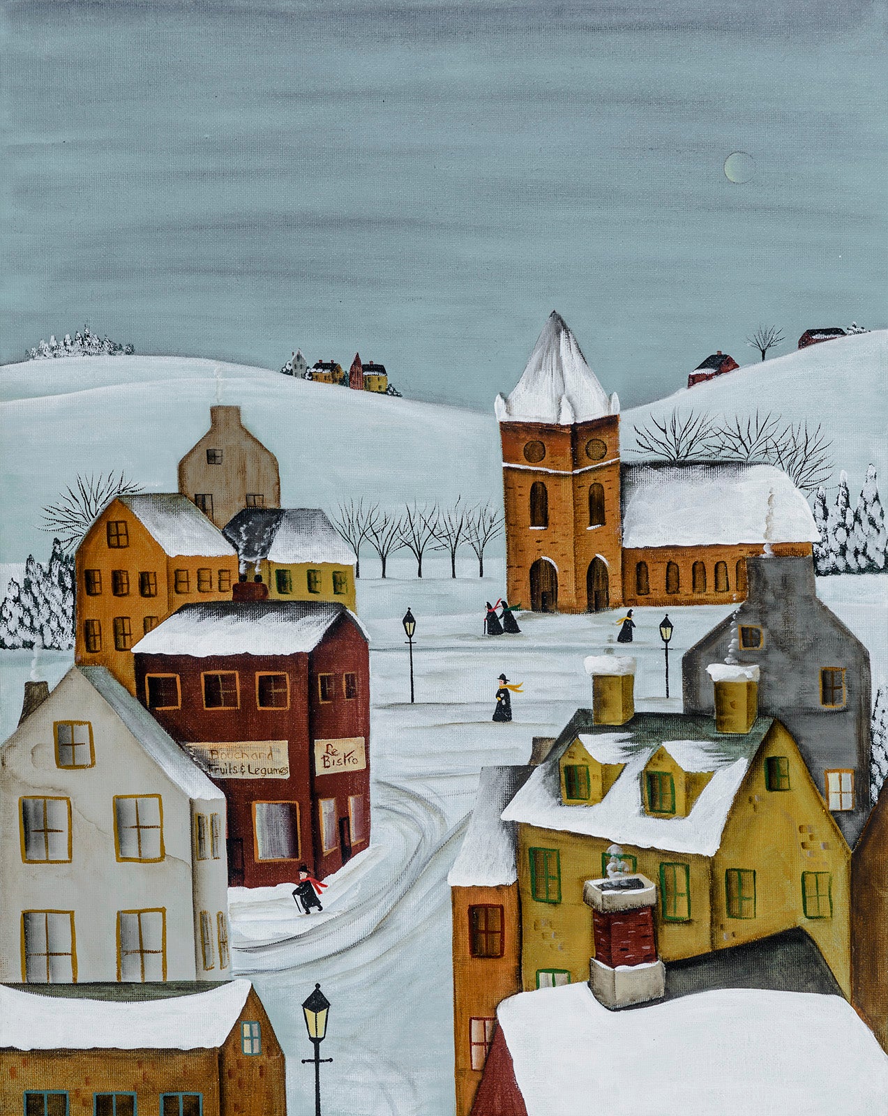 Cityscape “Winter Evening” by Mary Scattergood – acrylic on canvas.