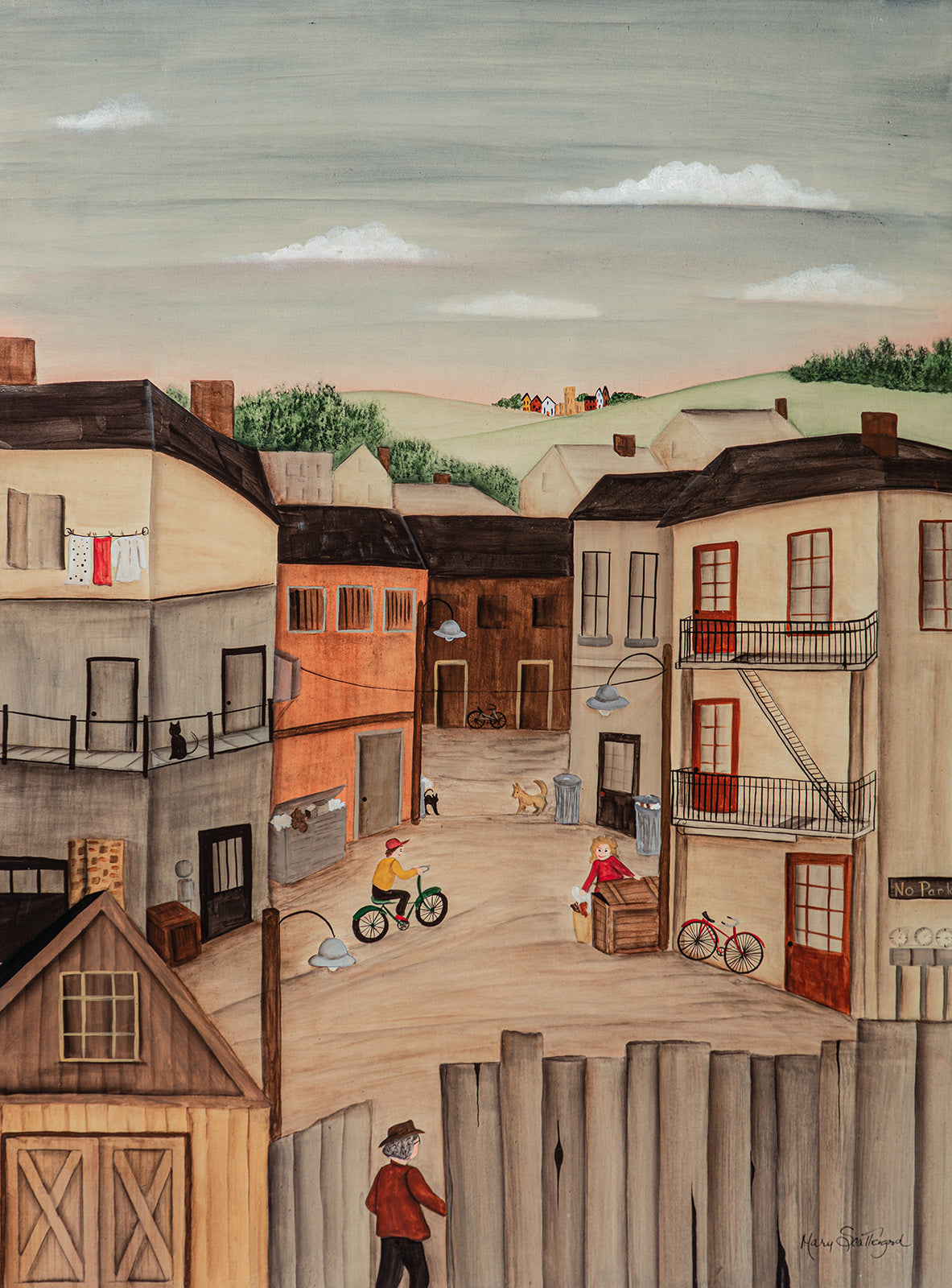 Cityscape “Busy Back Alley” by Mary Scattergood – acrylic on board.