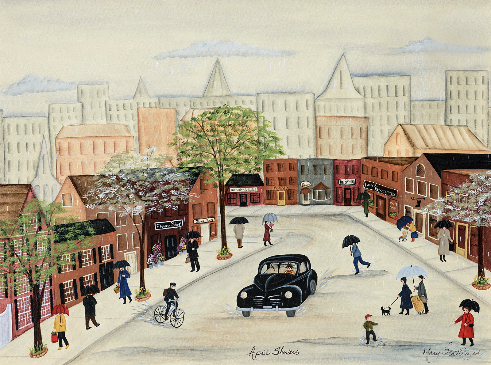 Cityscape “April Showers” by Mary Scattergood – acrylic on canvas.