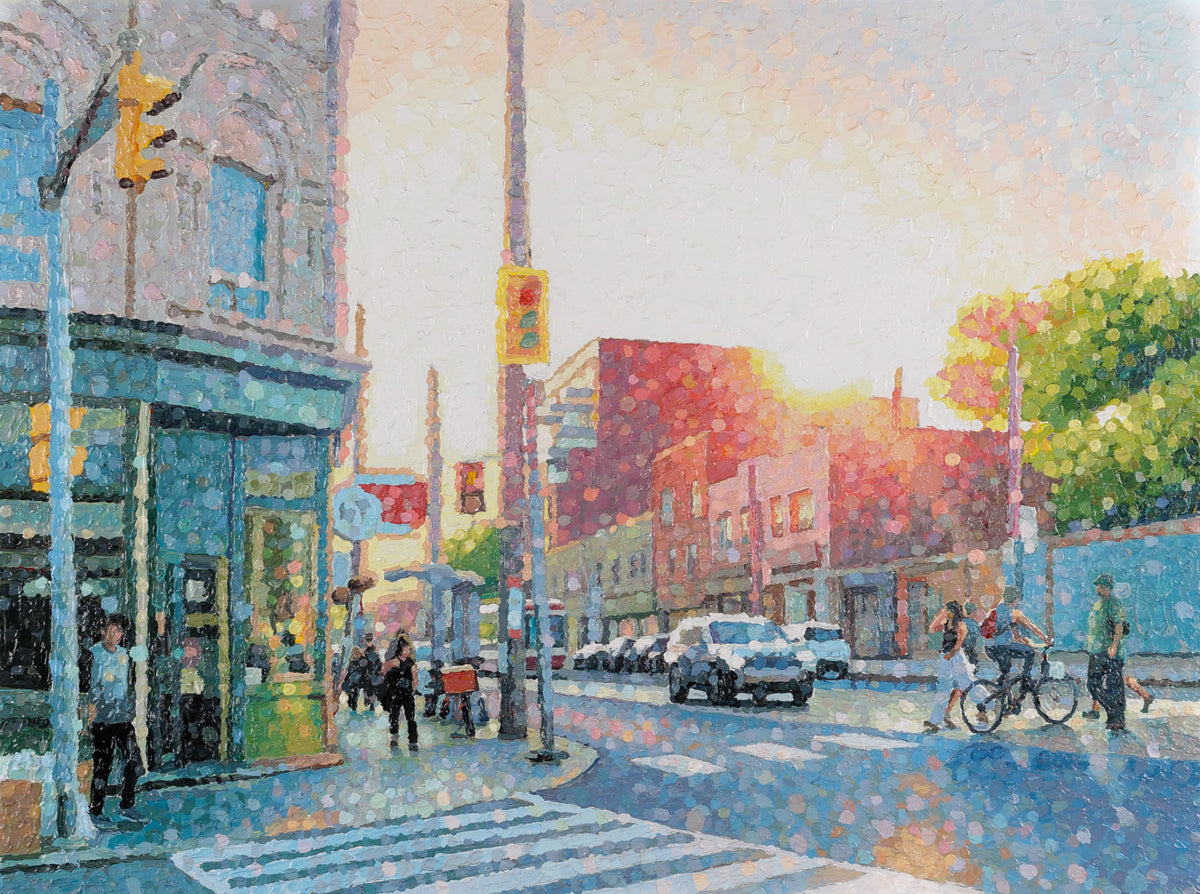 Susan Gale, "Another Miracle," acrylic on panel, 30 x 40 in, contemporary cityscape painting, unframed panel