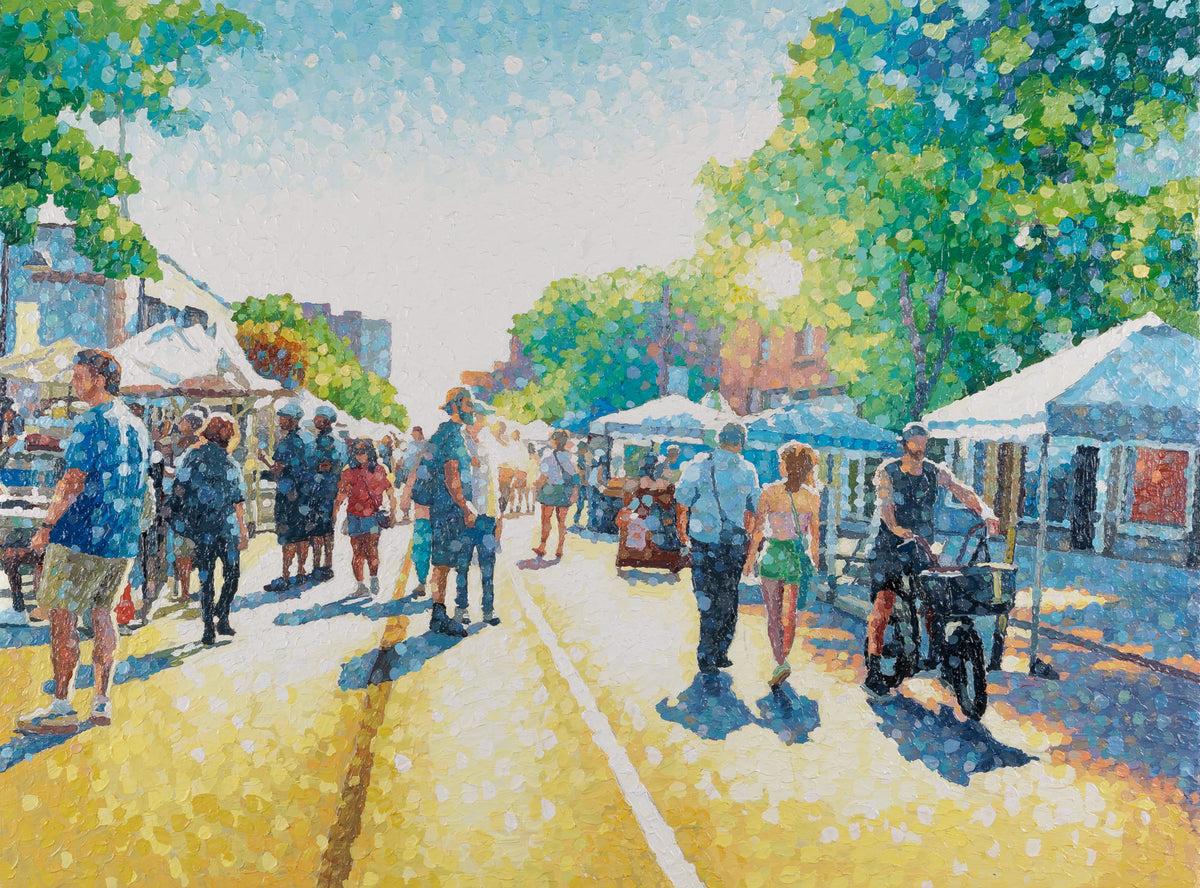 Susan Gale, "Coming Together," acrylic on panel, 36 x 48 in, contemporary cityscape painting, unframed panel