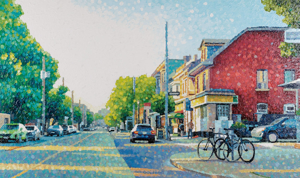 Susan Gale, "Freedom Throughout," acrylic on panel, 36 x 60 in, contemporary cityscape painting, unframed panel