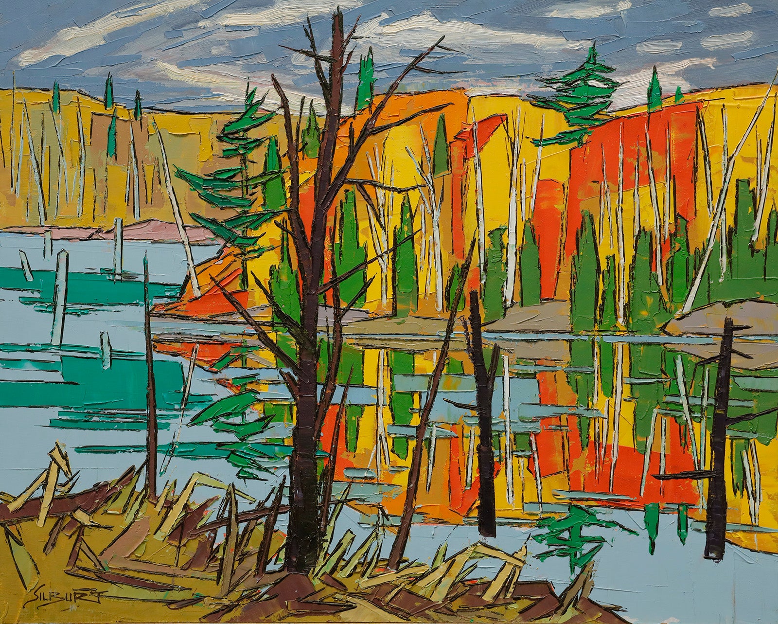 Landscape “Autumn Reflections” by Josh Silburt – oil on panel.