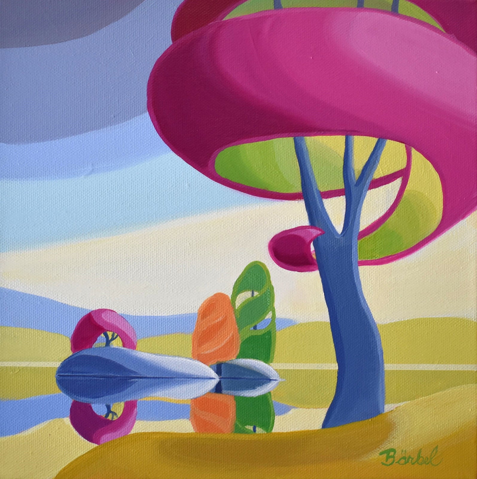 Landscape “Tickled Pink” by Barbel Smith – acrylic on canvas.