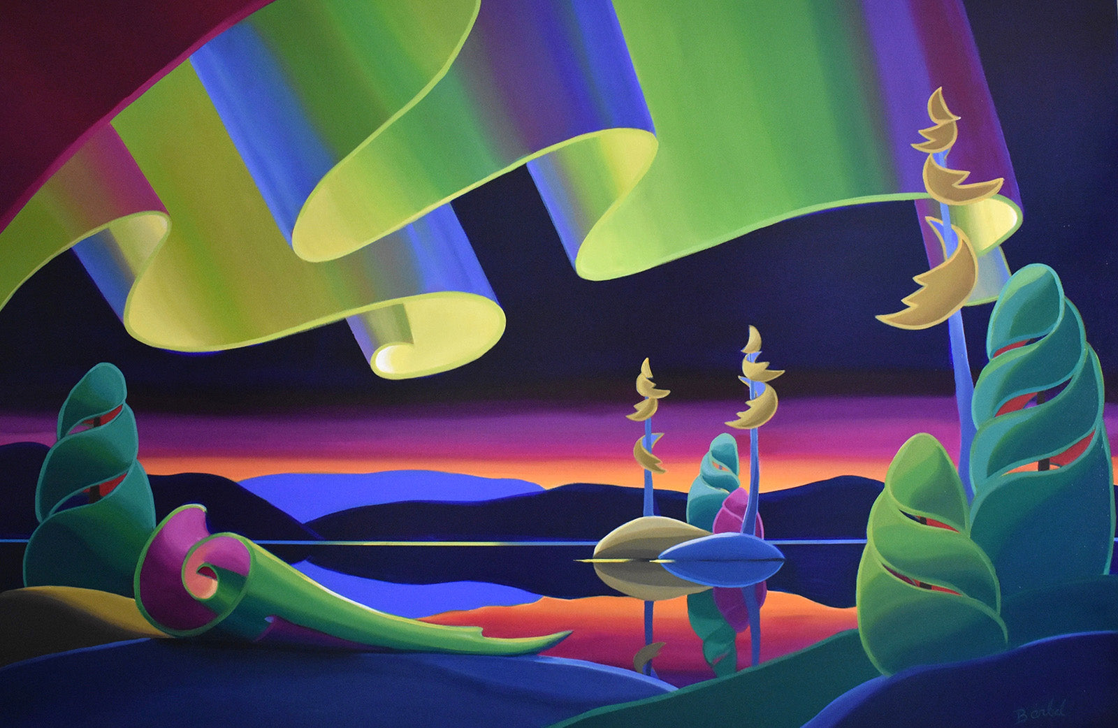 Landscape “Aurora Symphony” by Barbel Smith – acrylic on canvas.