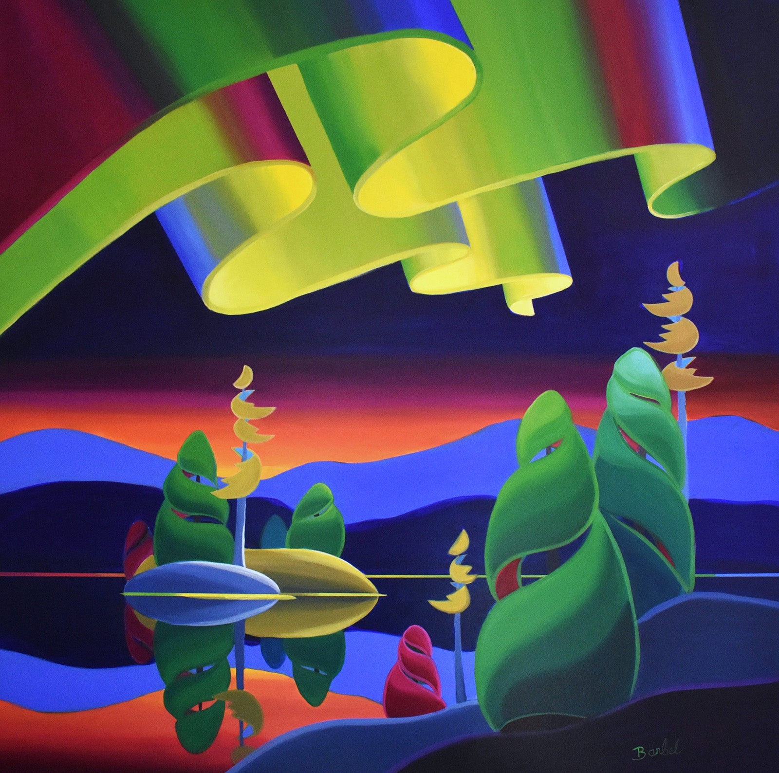 Landscape “Dancing Sky” by Barbel Smith – acrylic on canvas.