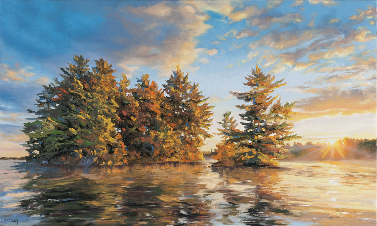 Sue Miller, "Morning Begins," oil on canvas, 12 x 20 in, Contemporary landscape painting with lake, sunlight, and sunrise