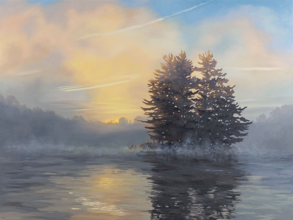 Sue Miller, "Awakening," oil on canvas, 36 x 48 in, Contemporary landscape painting with sunlight, sunrise, and water