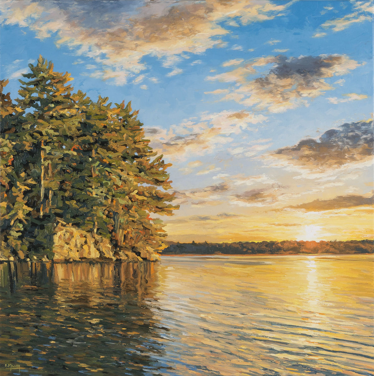 Sue Miller, "Almost Heaven," oil on canvas, 18 x 18 in, Contemporary landscape painting with sunlight, sunrise, and sunset
