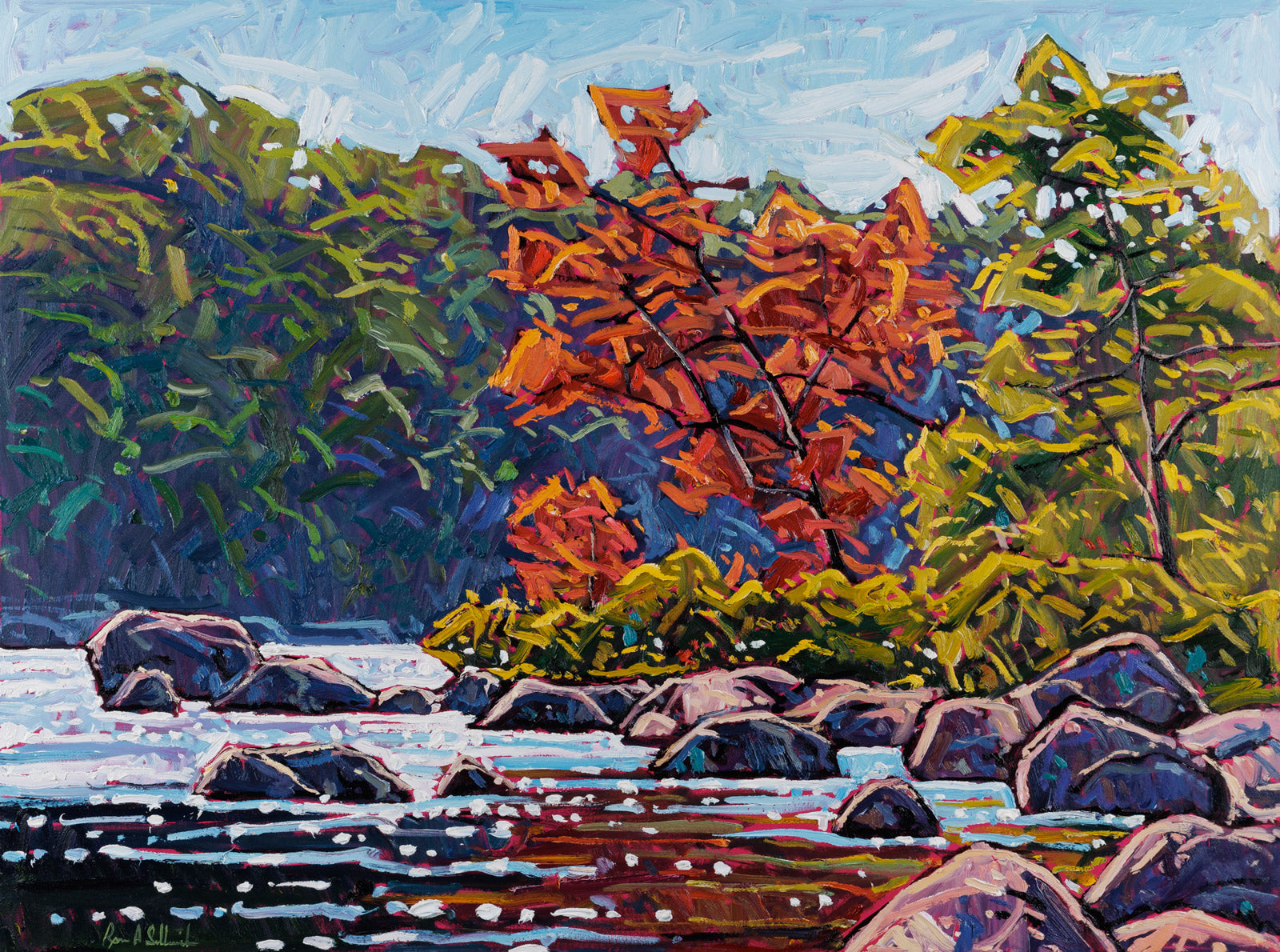 Landscape “Vivid Fall Reflections, Muskoka” by Ryan Sobkovich – oil on canvas.