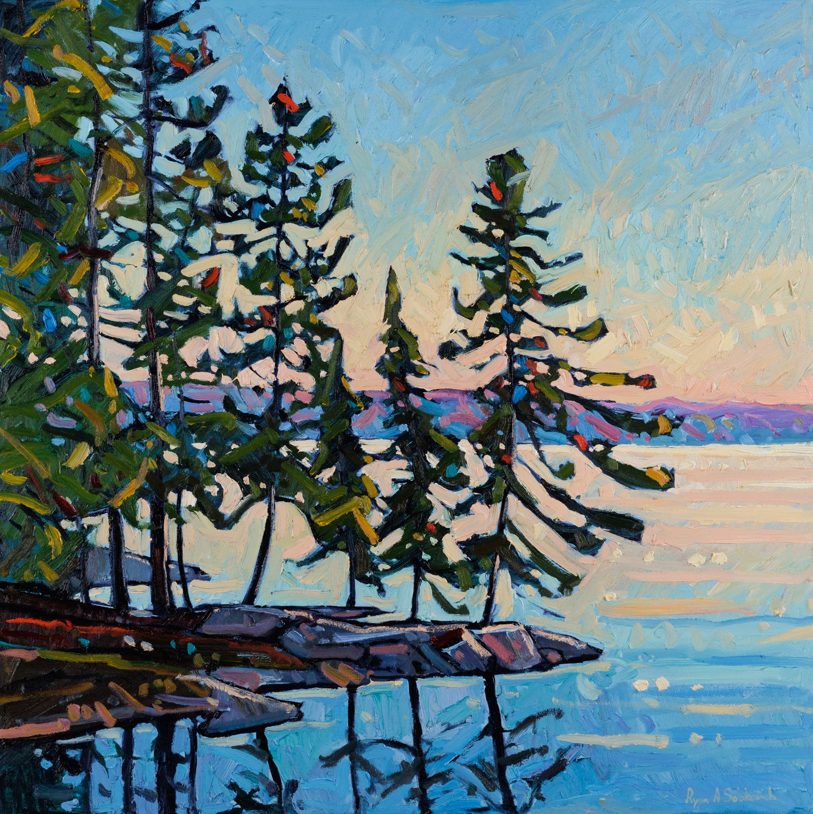 Landscape “Reflections At Twilight, Muskoka” by Ryan Sobkovich – oil on canvas.