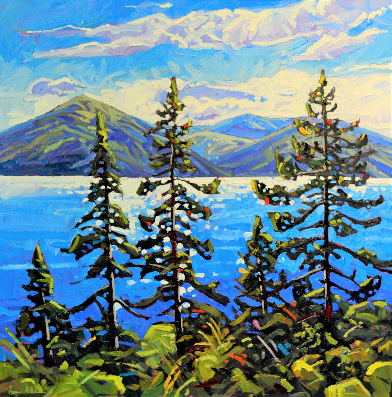 Landscape “View Through The Pines, B.C.” by Ryan Sobkovich – oil on canvas.