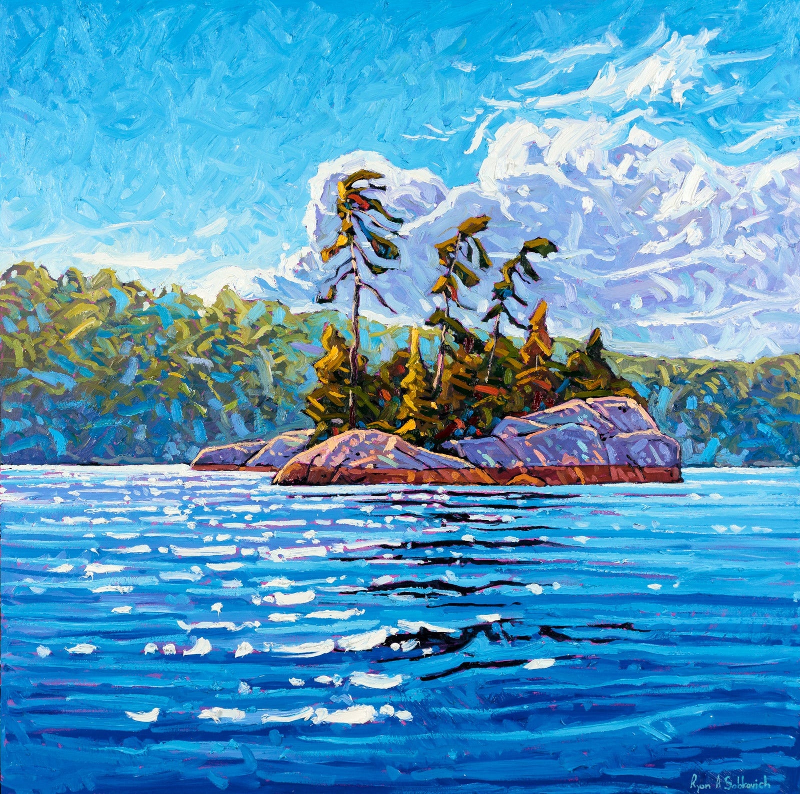 Landscape “Windswept Island Pines, Georgian Bay” by Ryan Sobkovich – oil on canvas.