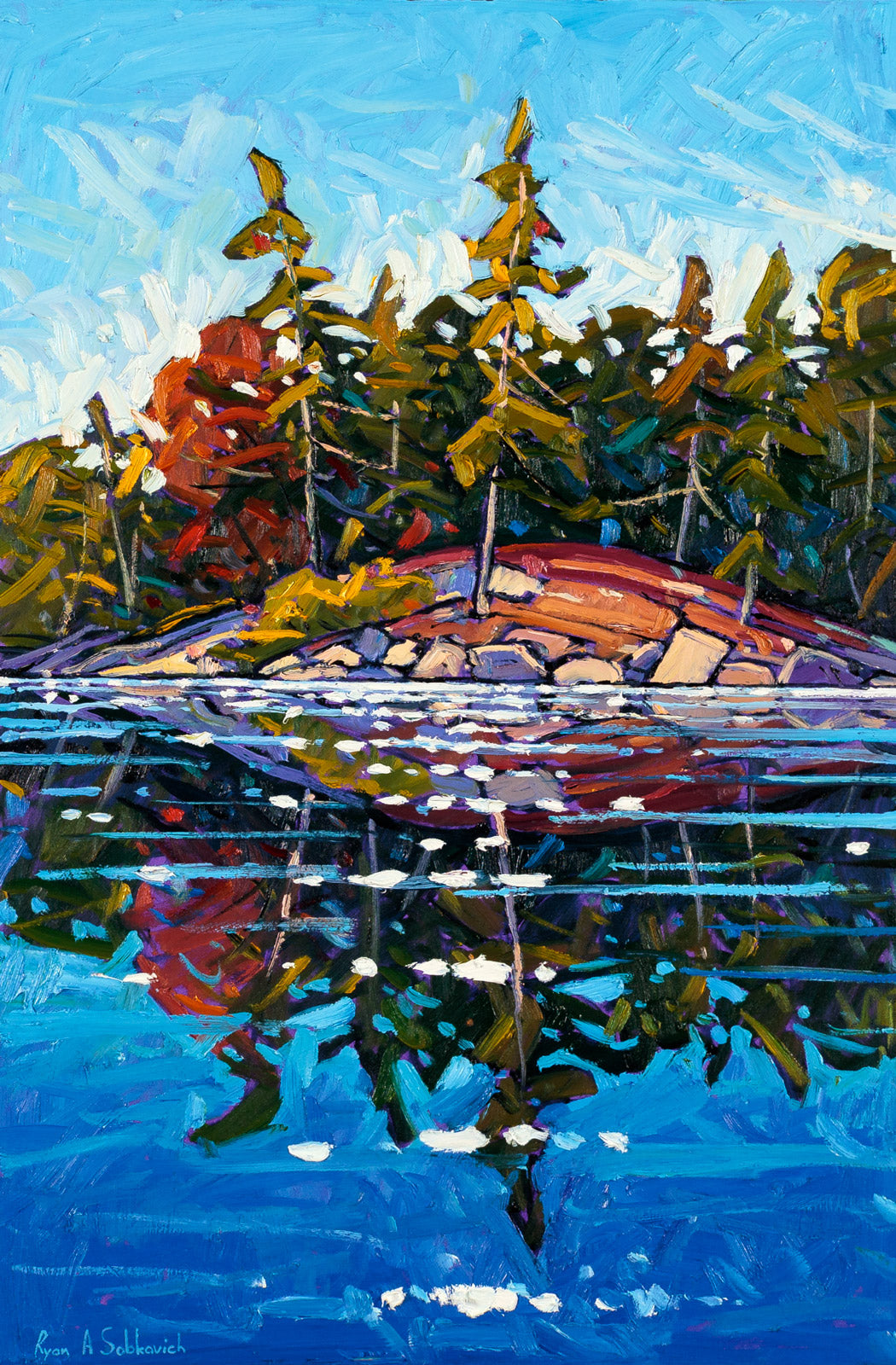 Landscape “Vibrant Autumn Reflections” by Ryan Sobkovich – oil on canvas.