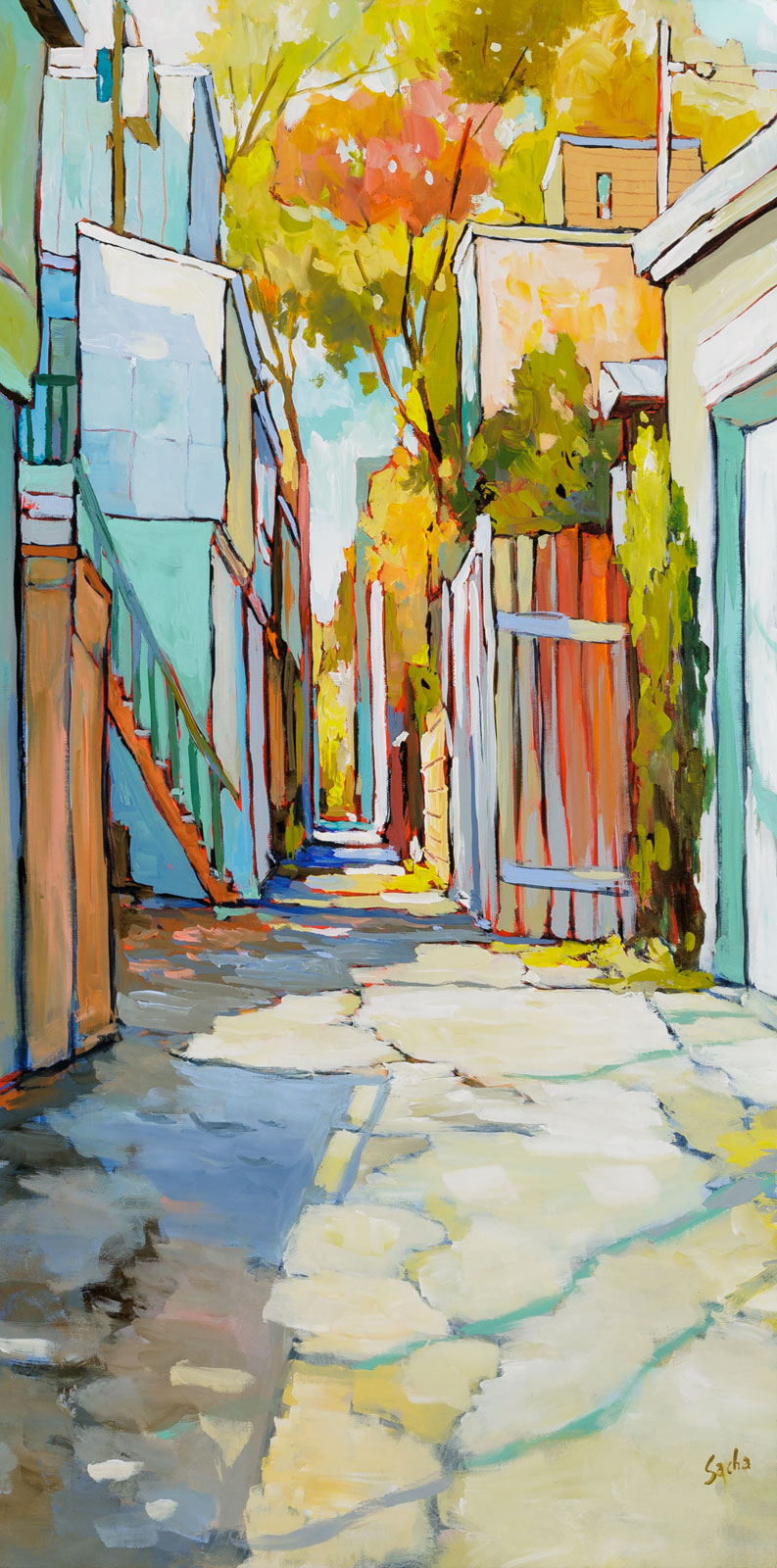 Sacha Barrette, "Ruelle A L'Escalier Brun," acrylic on canvas, 48 x 24 in, contemporary cityscape painting, framed