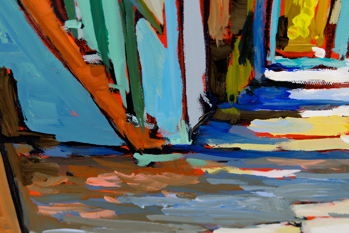 Sacha Barrette, "Ruelle A L'Escalier Brun," detail view, acrylic on canvas