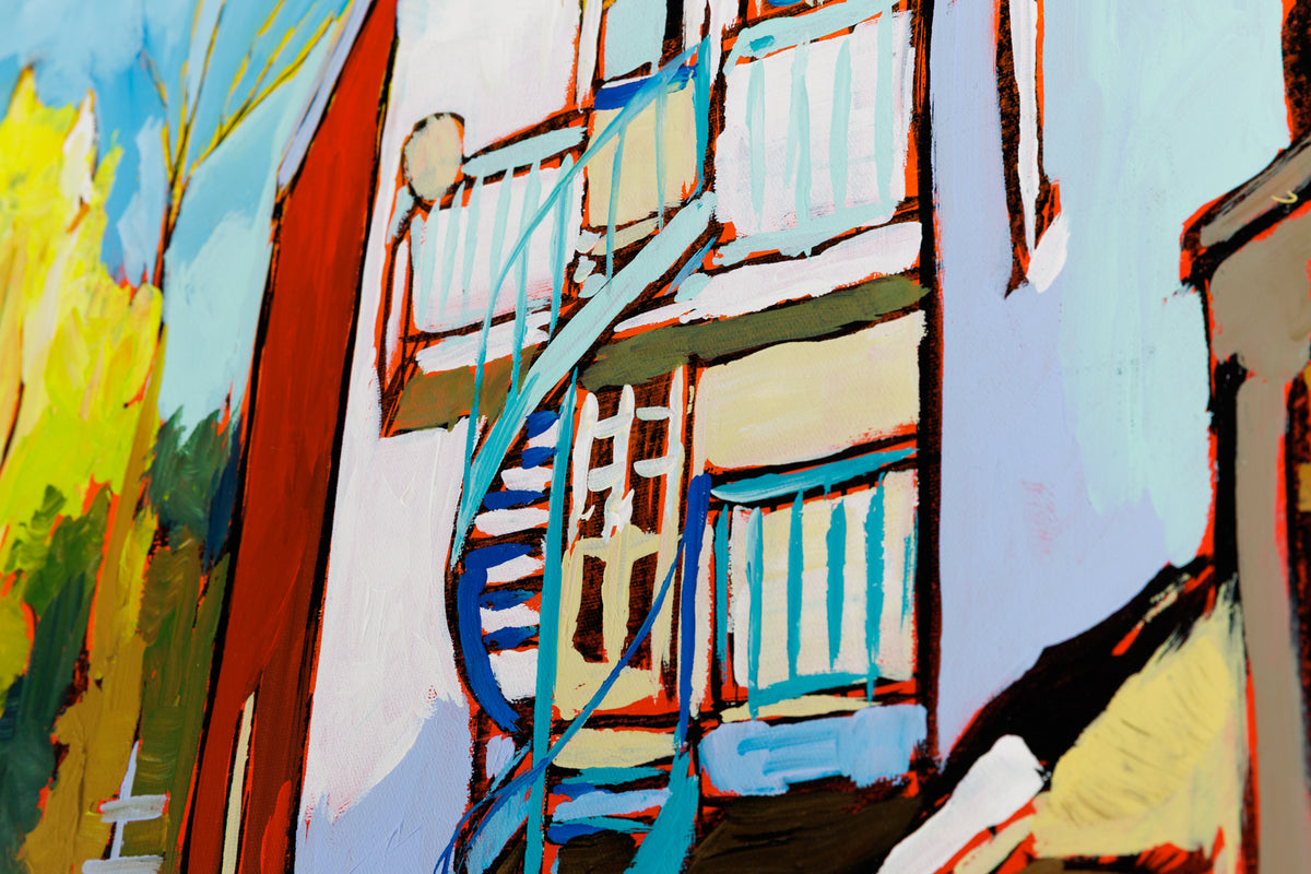 Sacha Barrette, "Happy Morning Alley," detail view, acrylic on canvas