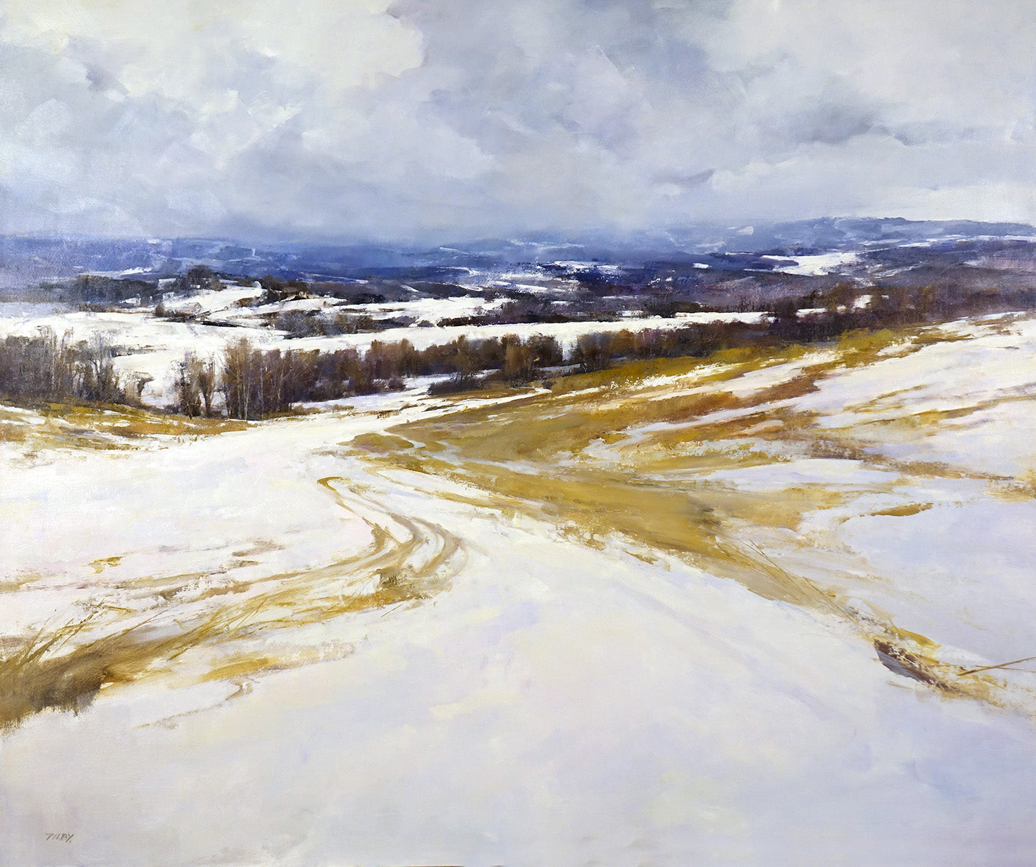 Landscape “Snowfall” by Deborah Tilby – oil on panel.