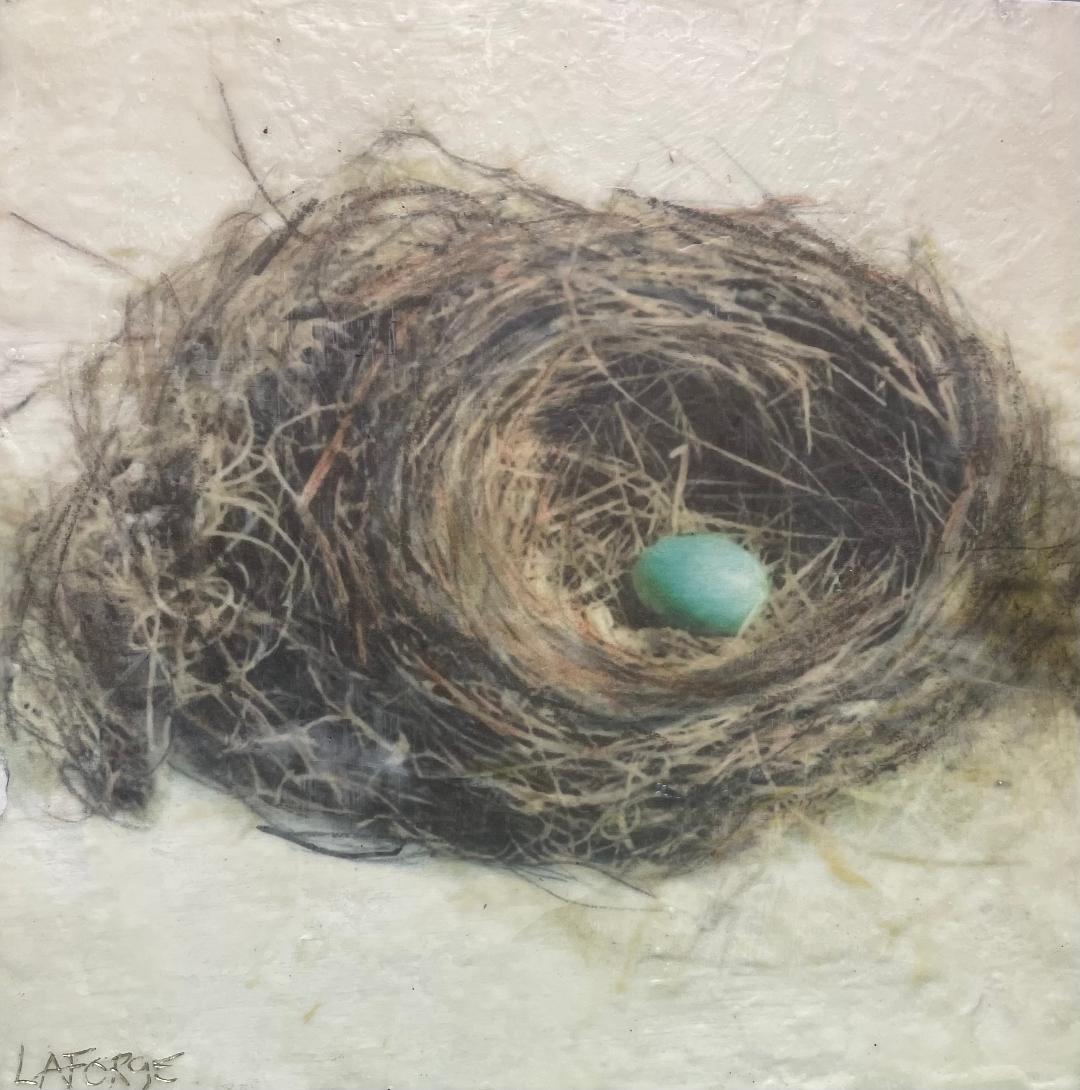 Birds “The Last To Leave Home” by Lee Anne LaForge – encaustic on panel.