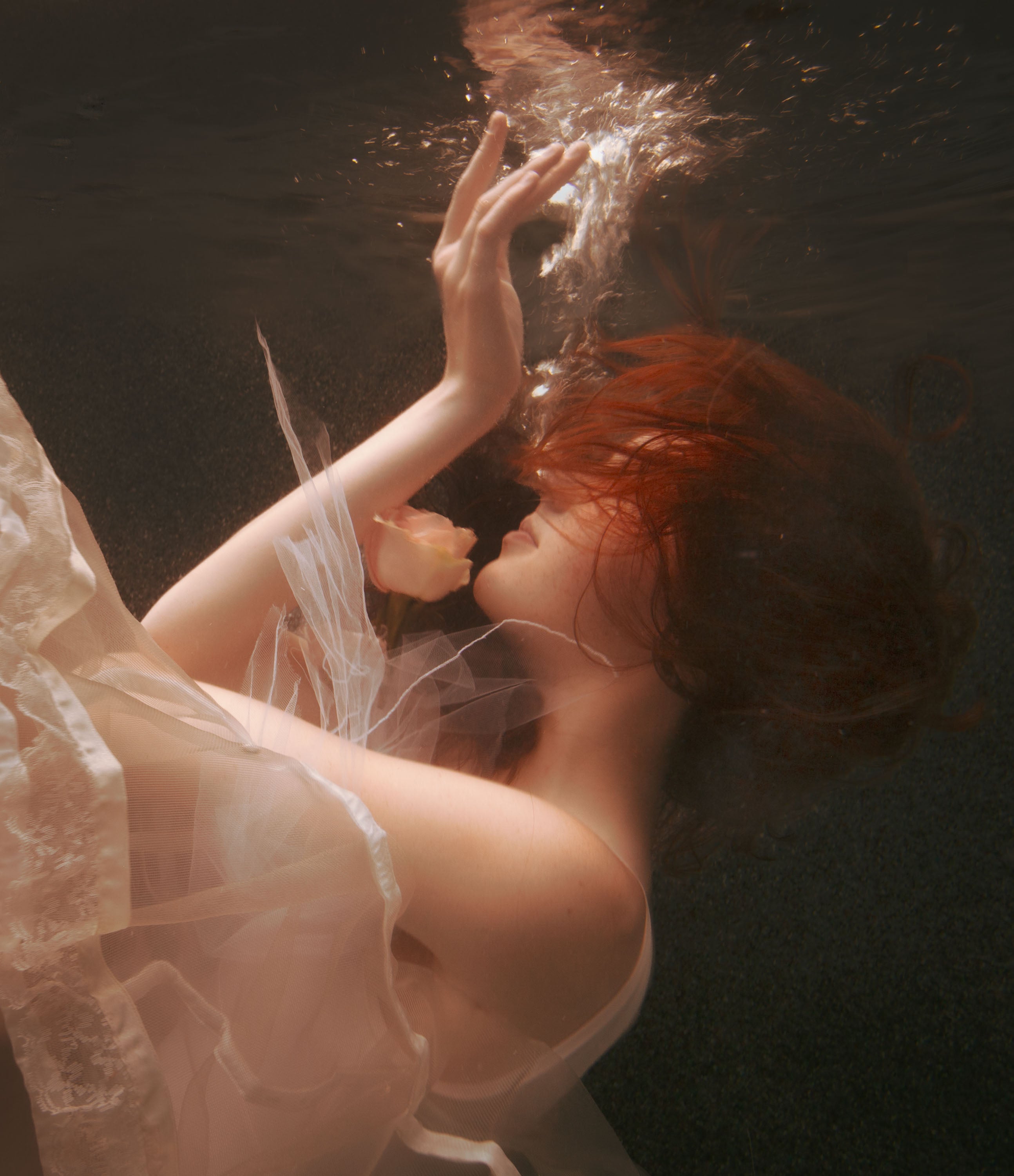Alyssa Fortin, "The Rose's Reach," digital print on paper, 40 x 30 in, figurative limited edition print with a woman floating in water, framed
