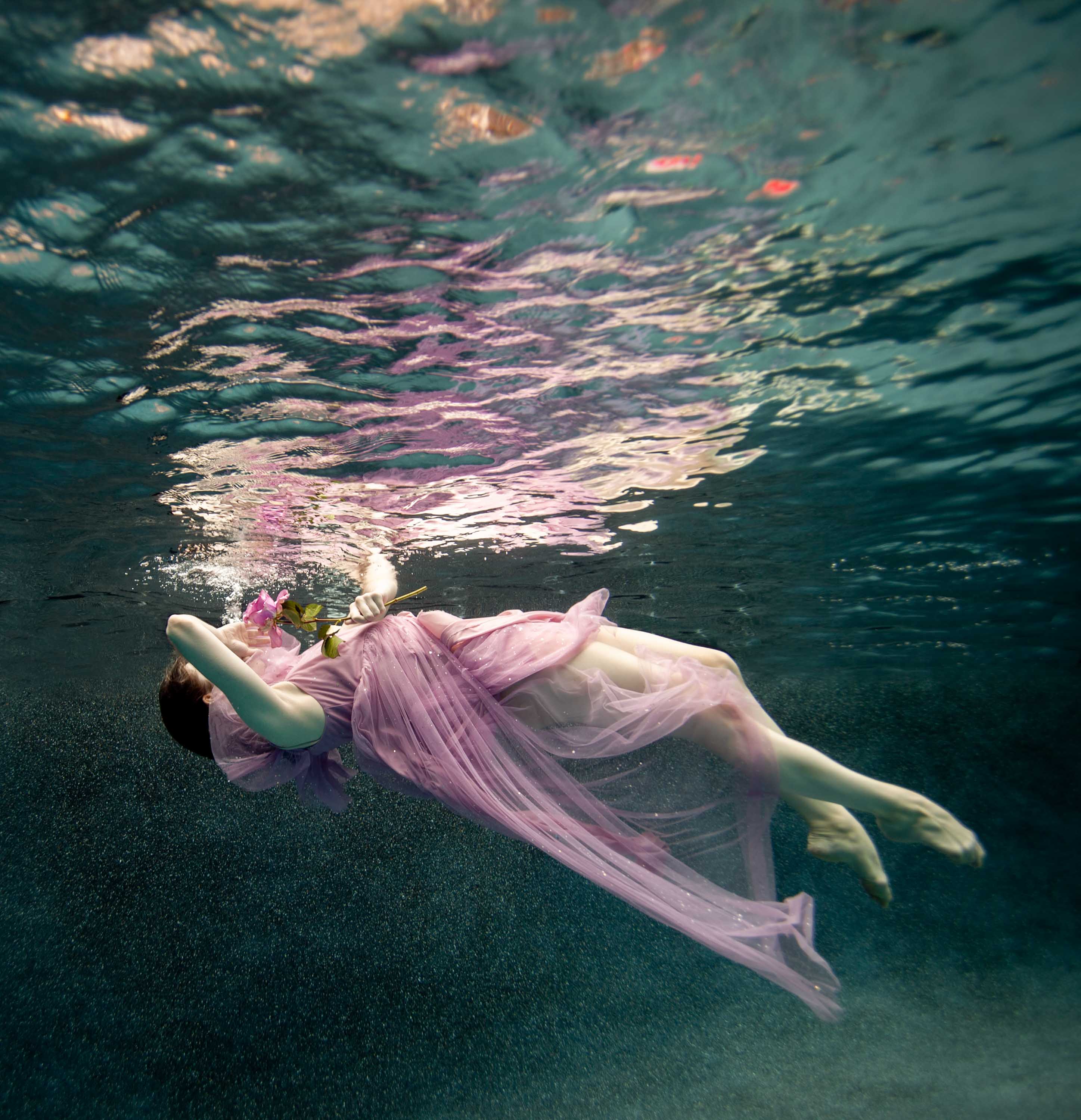 Alyssa Fortin, "The Stillness Of Becoming," digital print on paper, 36 x 36 in, figurative limited edition print with a woman floating in water, framed