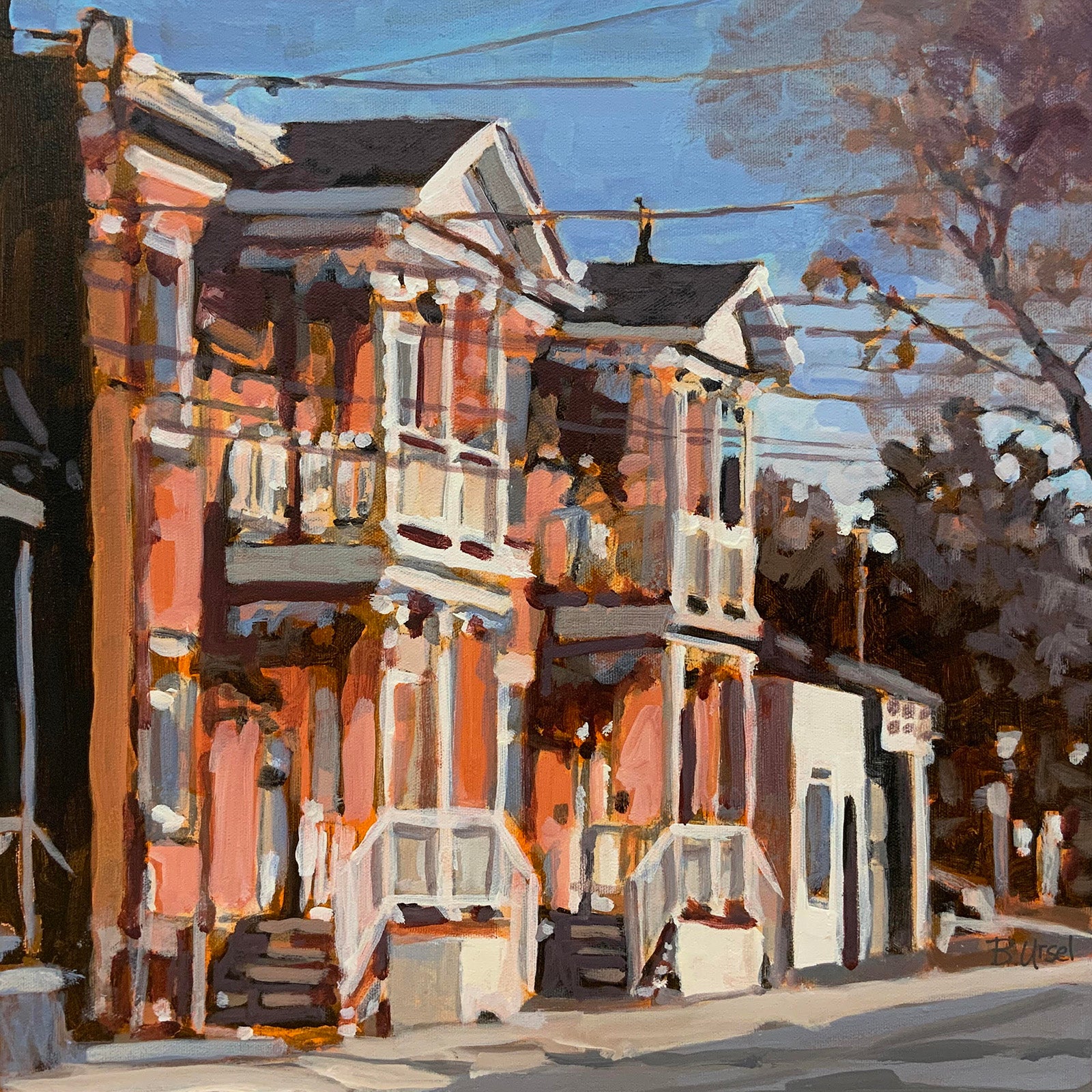 Cityscape “Gingerbread In The Sun” by Barbara Ursel – acrylic on canvas.