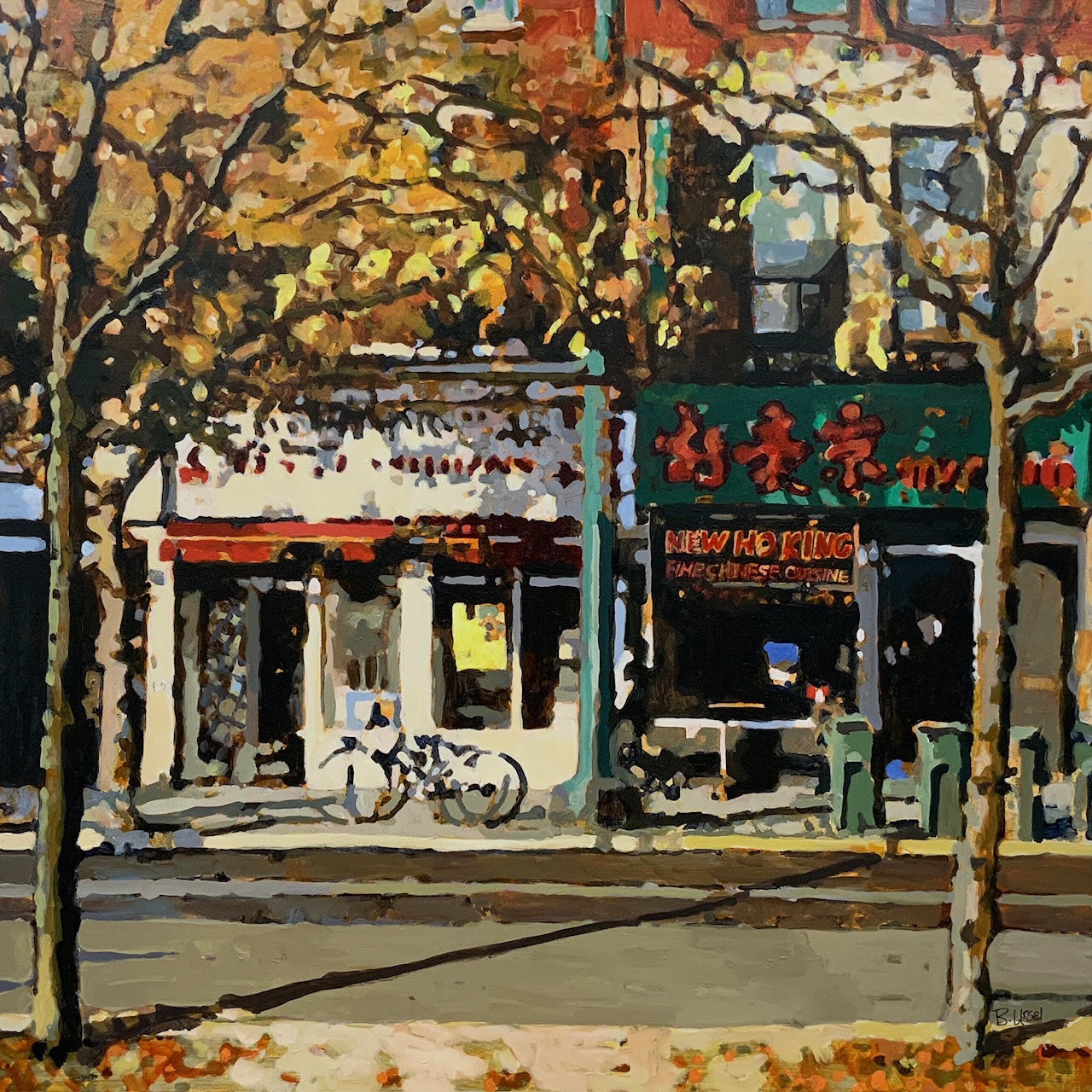 Cityscape “Hanging On To Summer” by Barbara Ursel – acrylic on canvas.