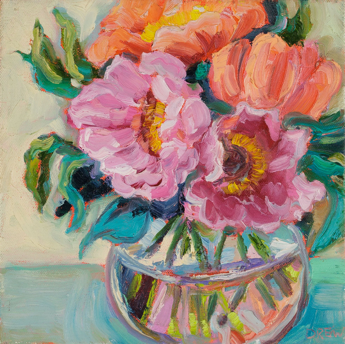 Vanessa Drew, "Excite," oil on canvas, 10 x 10 in, contemporary floral painting, unframed canvas