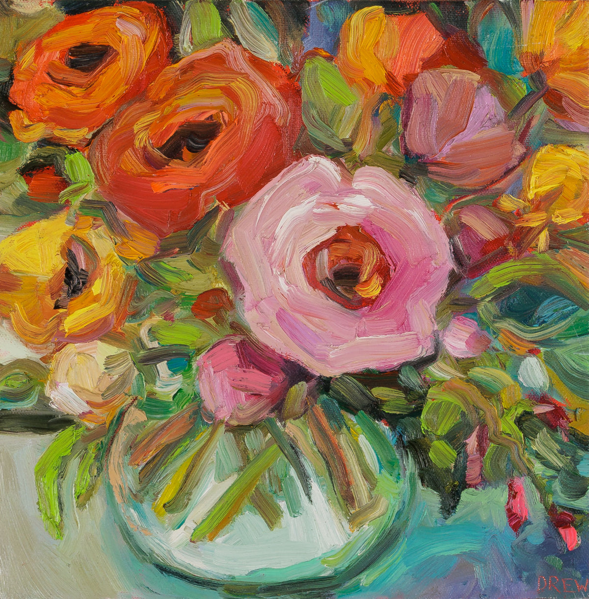 Vanessa Drew, "Splendid," oil on canvas, 12 x 12 in, contemporary floral painting, unframed canvas