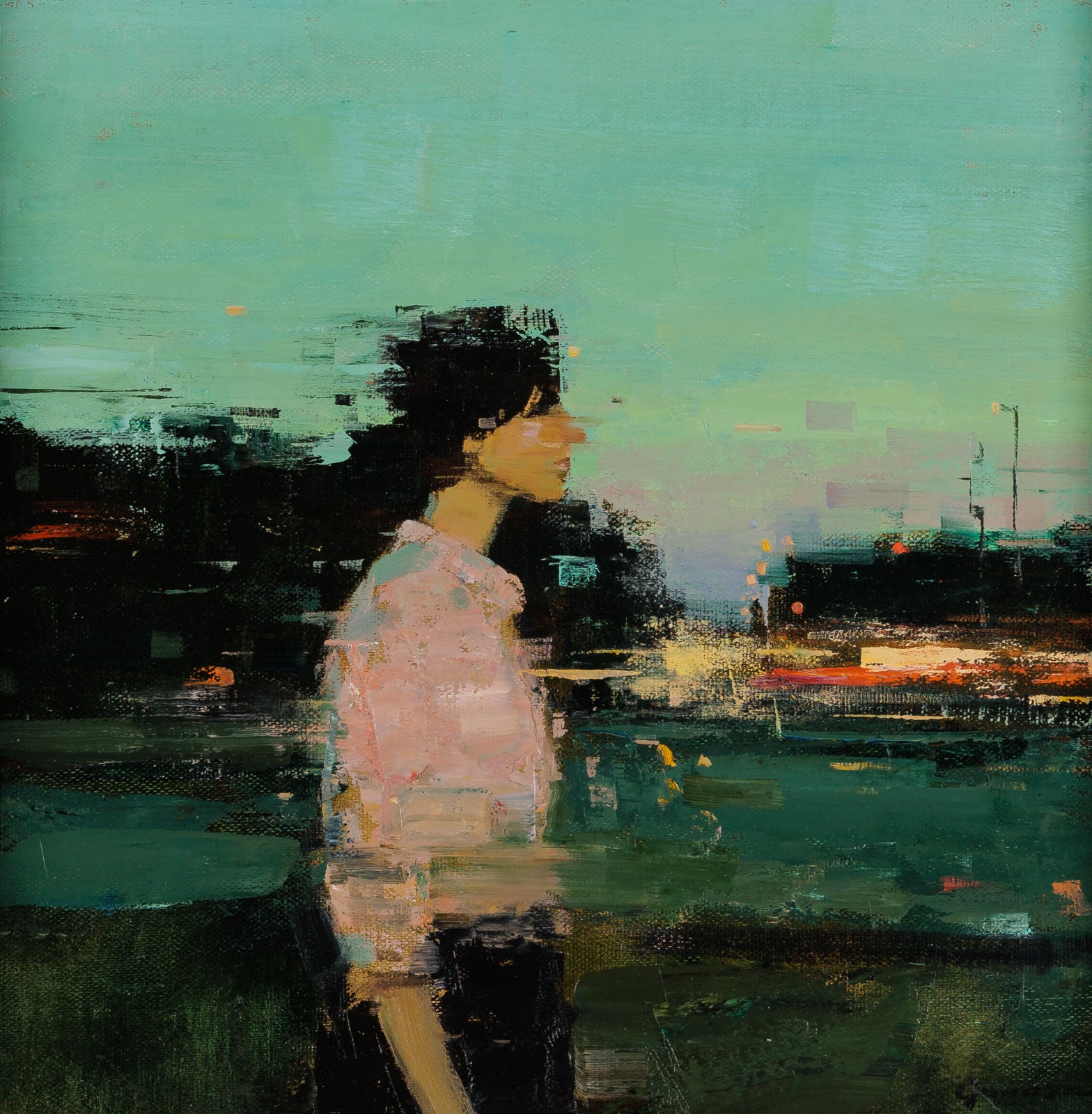 Vitaly Gunaza, "Traces," oil on mounted linen, 16 x 16 in., figurative painting with a woman, framed