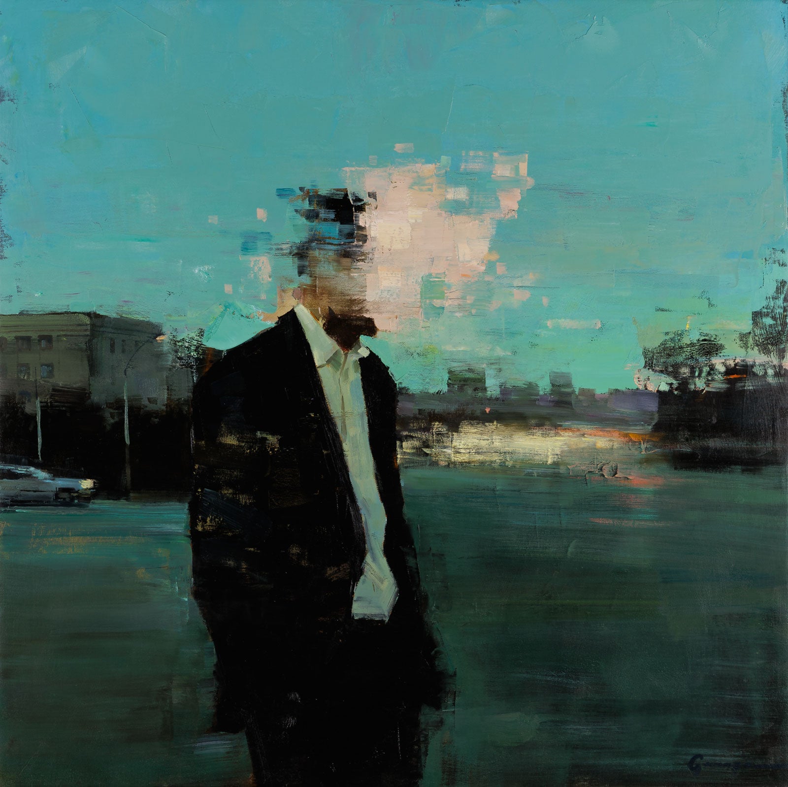 Vitaly Gunaza, "Loading," oil on canvas, 32 x 32 in., figurative painting with a man, framed