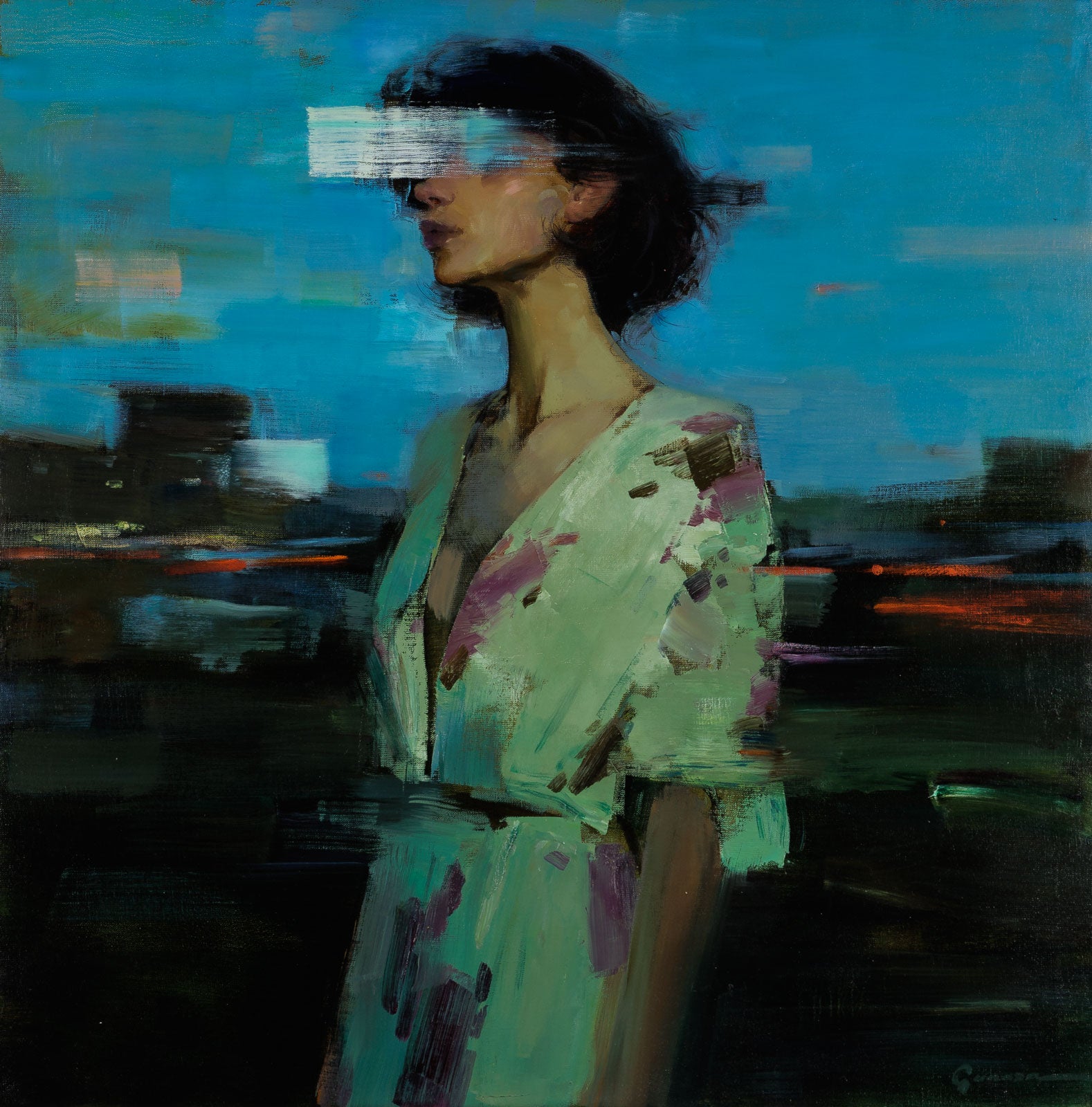 Vitaly Gunaza, "Connection," oil on canvas, 32 x 32 in., figurative painting with a woman, framed