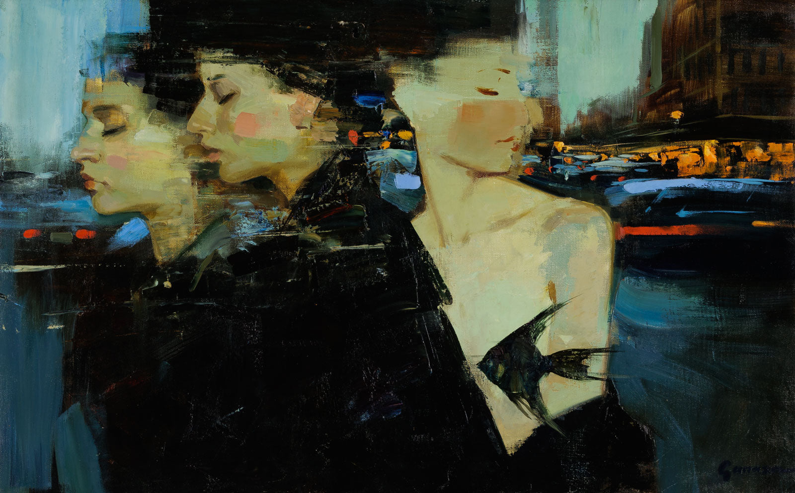 Vitaly Gunaza, "A Dream Within A Dream," oil on canvas, 20 x 32 in., figurative painting with a woman, framed