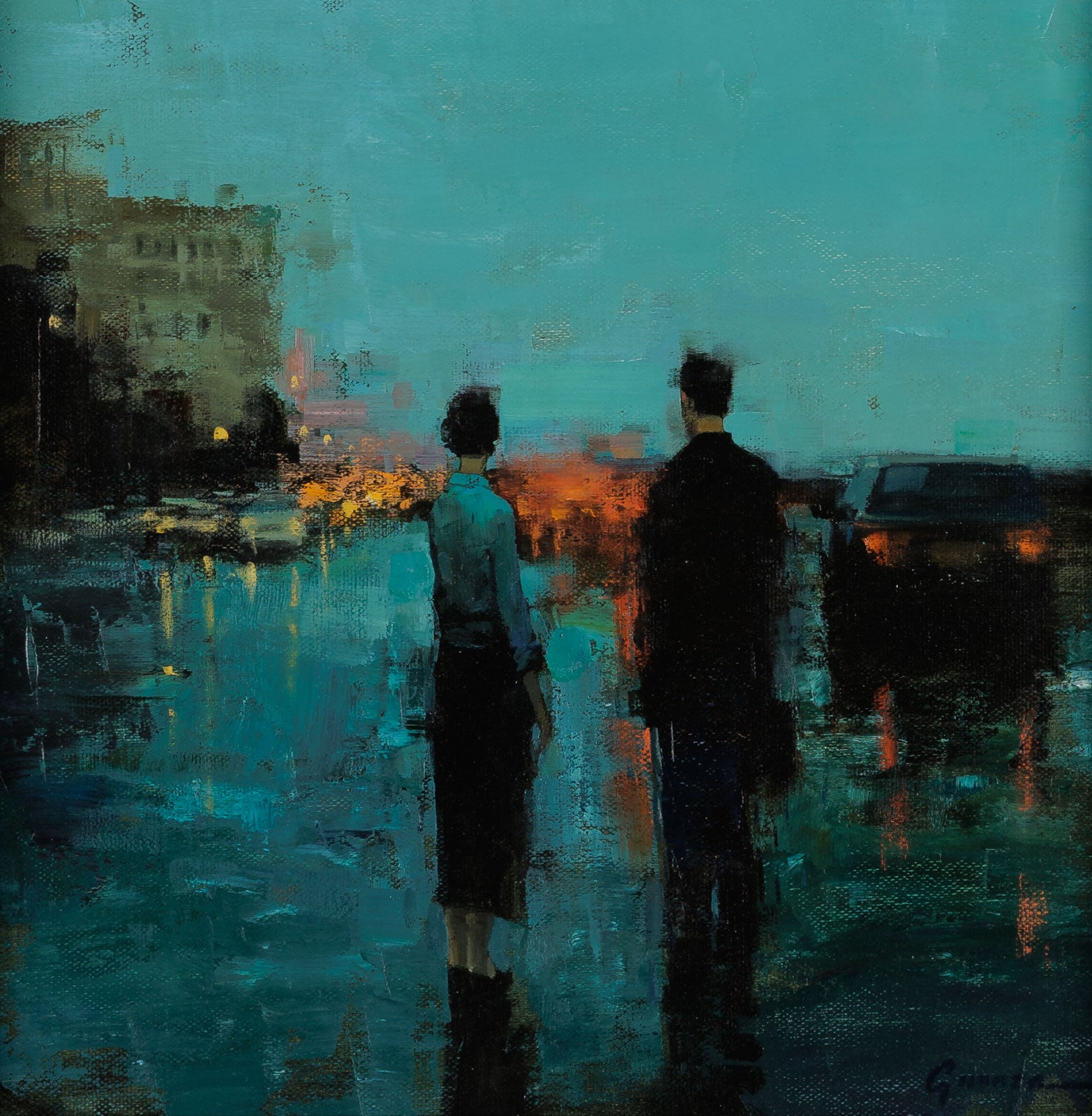 Vitaly Gunaza, "To Be Here," oil on mounted linen, 16 x 16 in., figurative painting, framed