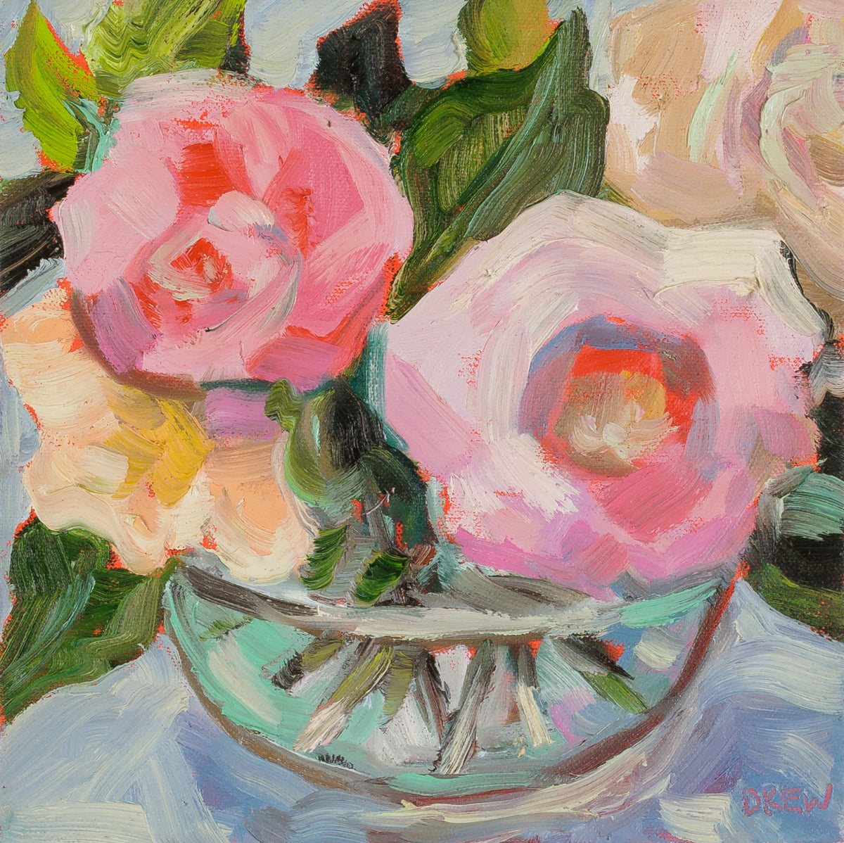 Vanessa Drew, "Fanciful," oil on canvas, 10 x 10 in, contemporary floral painting, unframed canvas