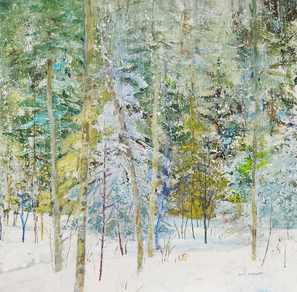 Landscape “Winter Woodland 35” by Carol Westcott – acrylic on panel.