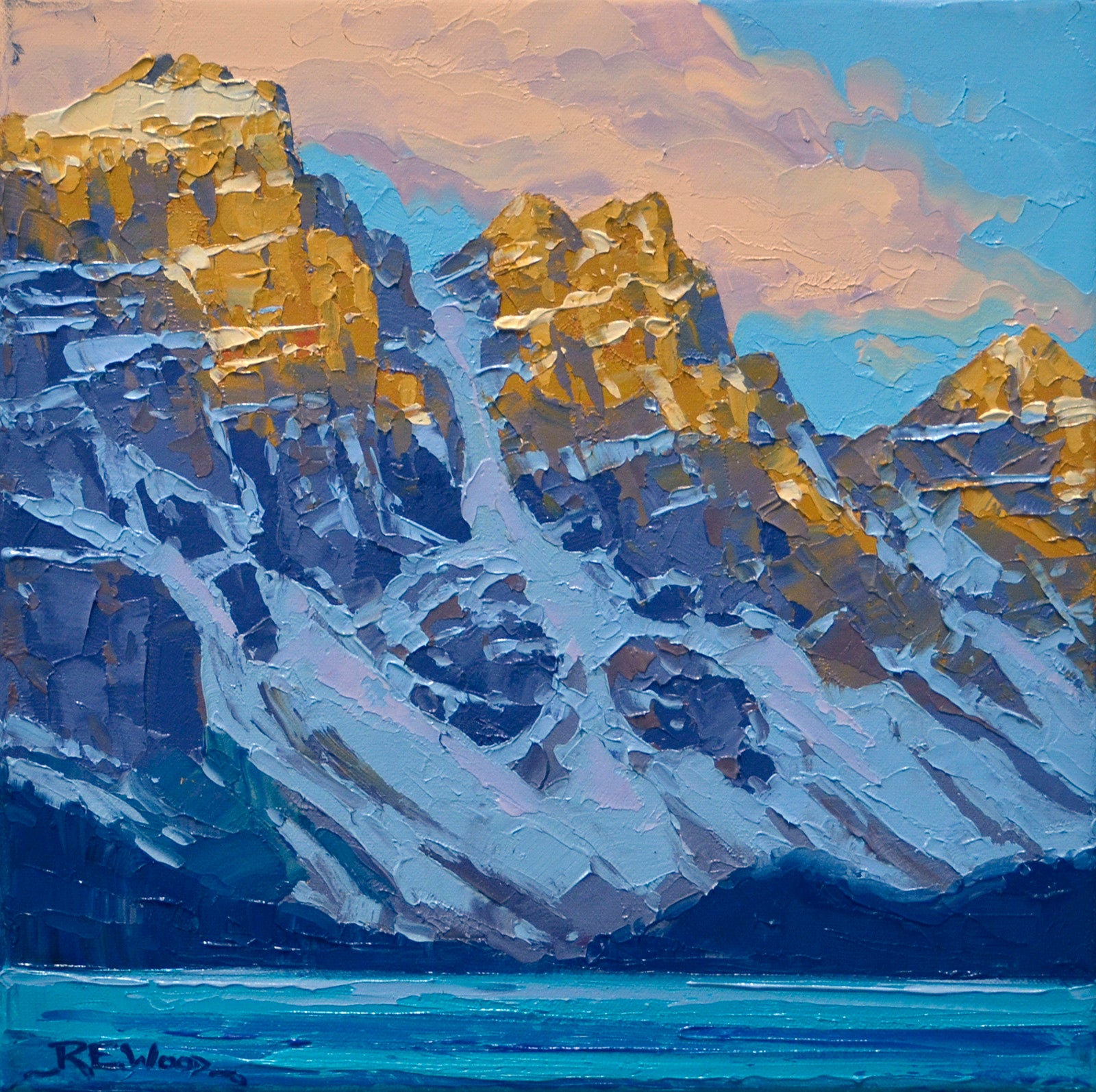 Landscape “Sunrise Peaks- Moraine Lake” by Robert E. Wood – oil on canvas.