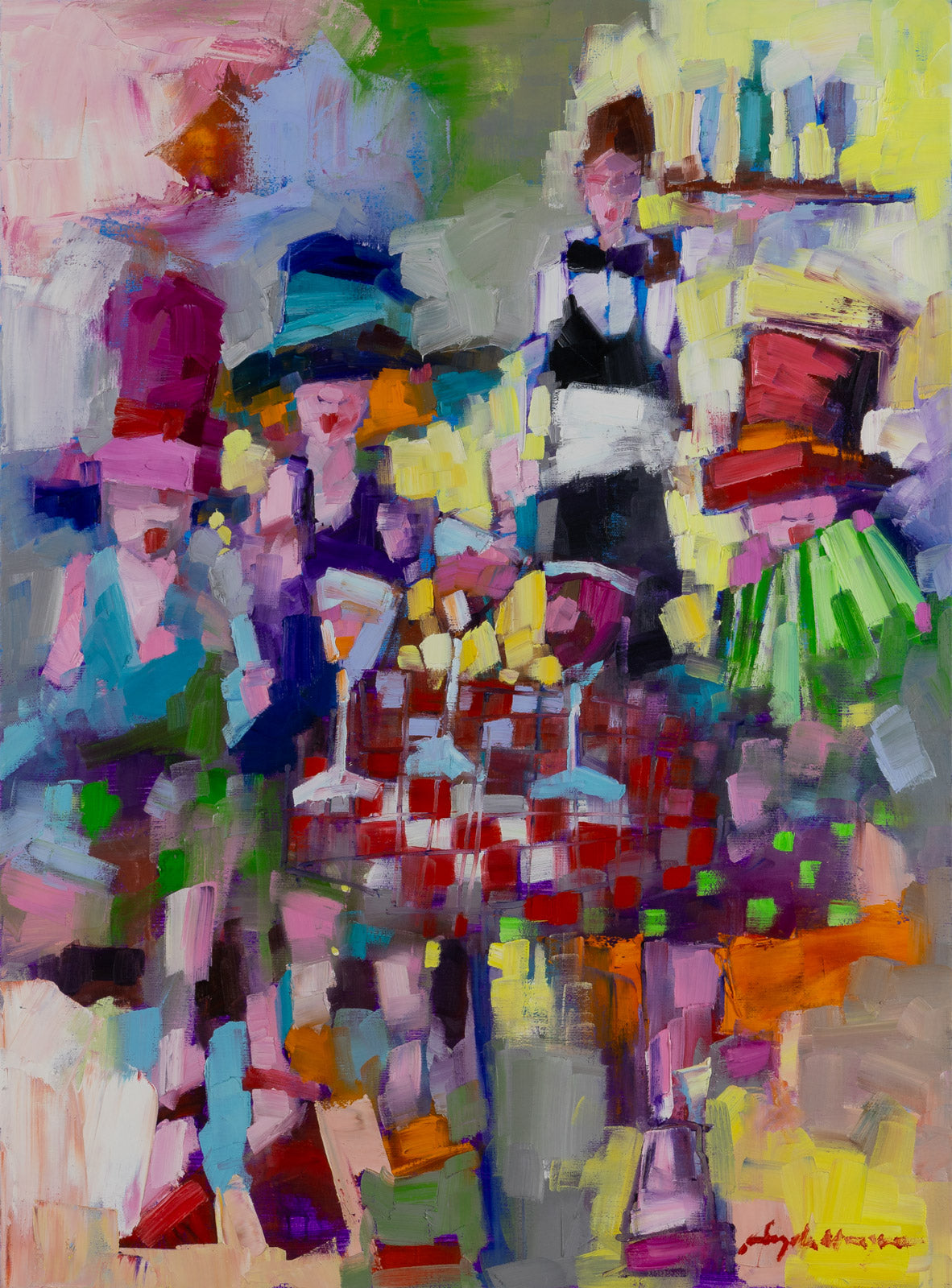 Figurative “Well Heeled, Fine Dined” by Angela Morgan – oil on canvas.
