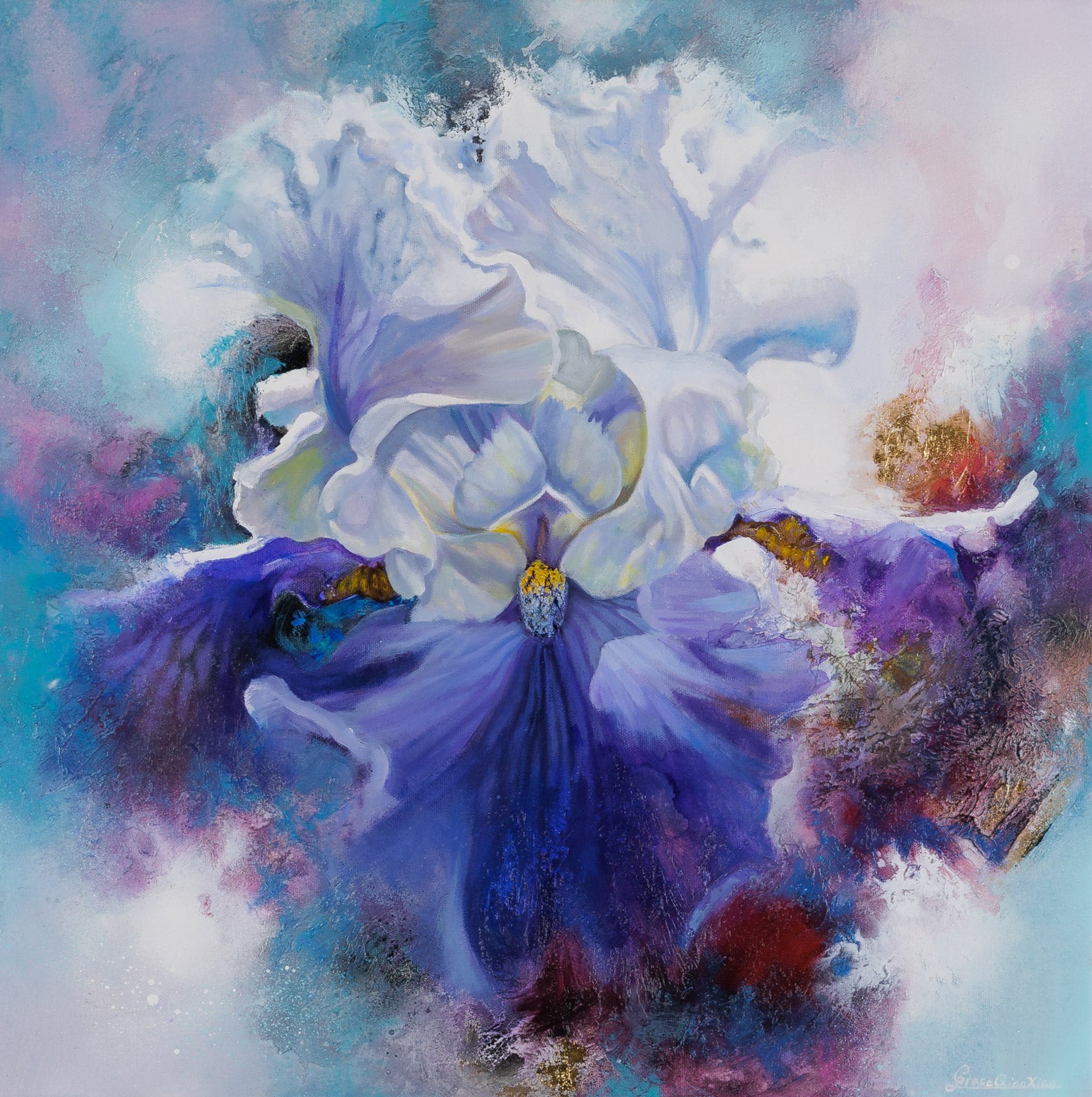 Floral “Body Mind Spirit #32” by Qian Xiao – mixed media on canvas.