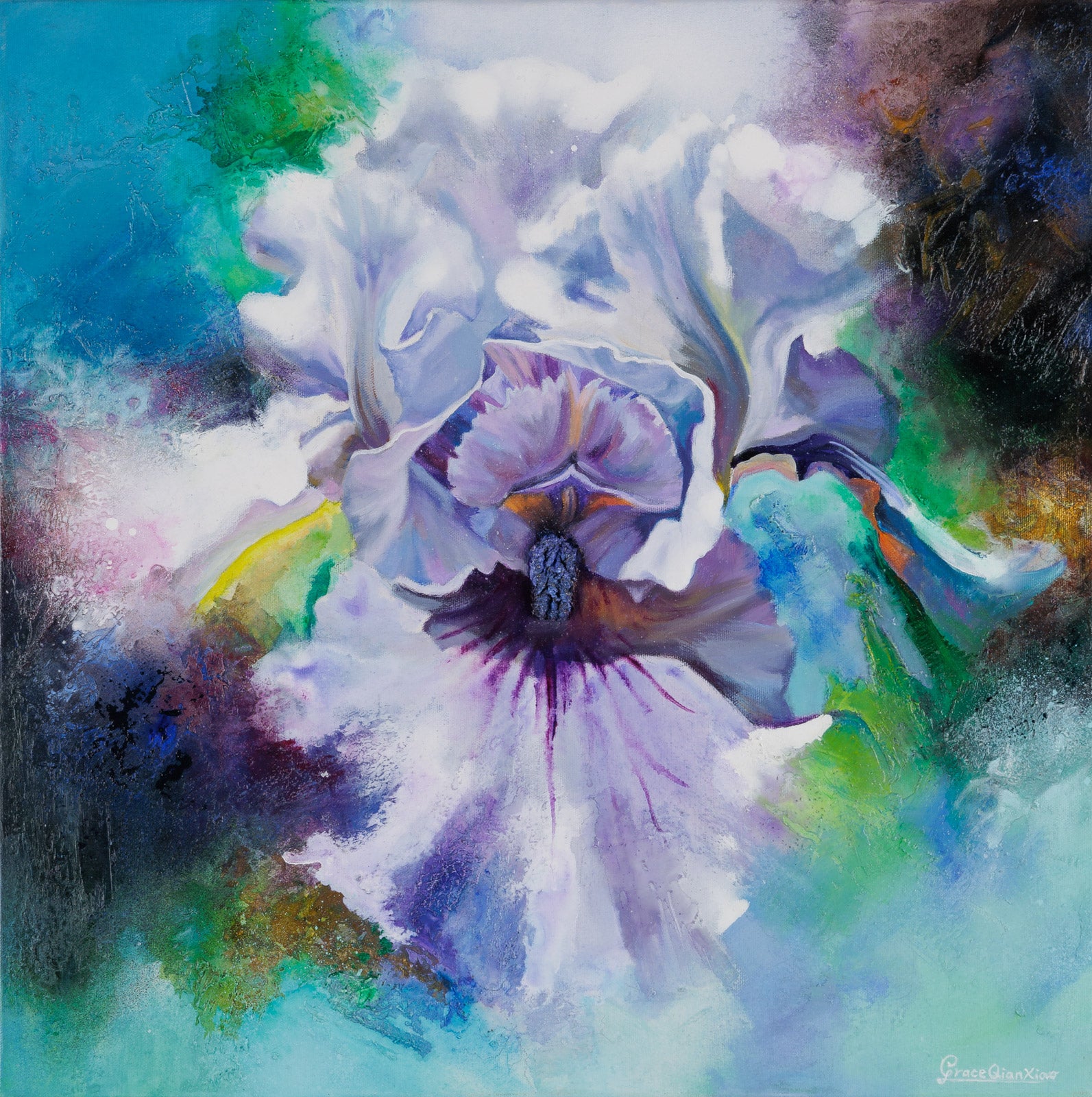 Floral “Body Mind Spirit #35” by Qian Xiao – mixed media on canvas.